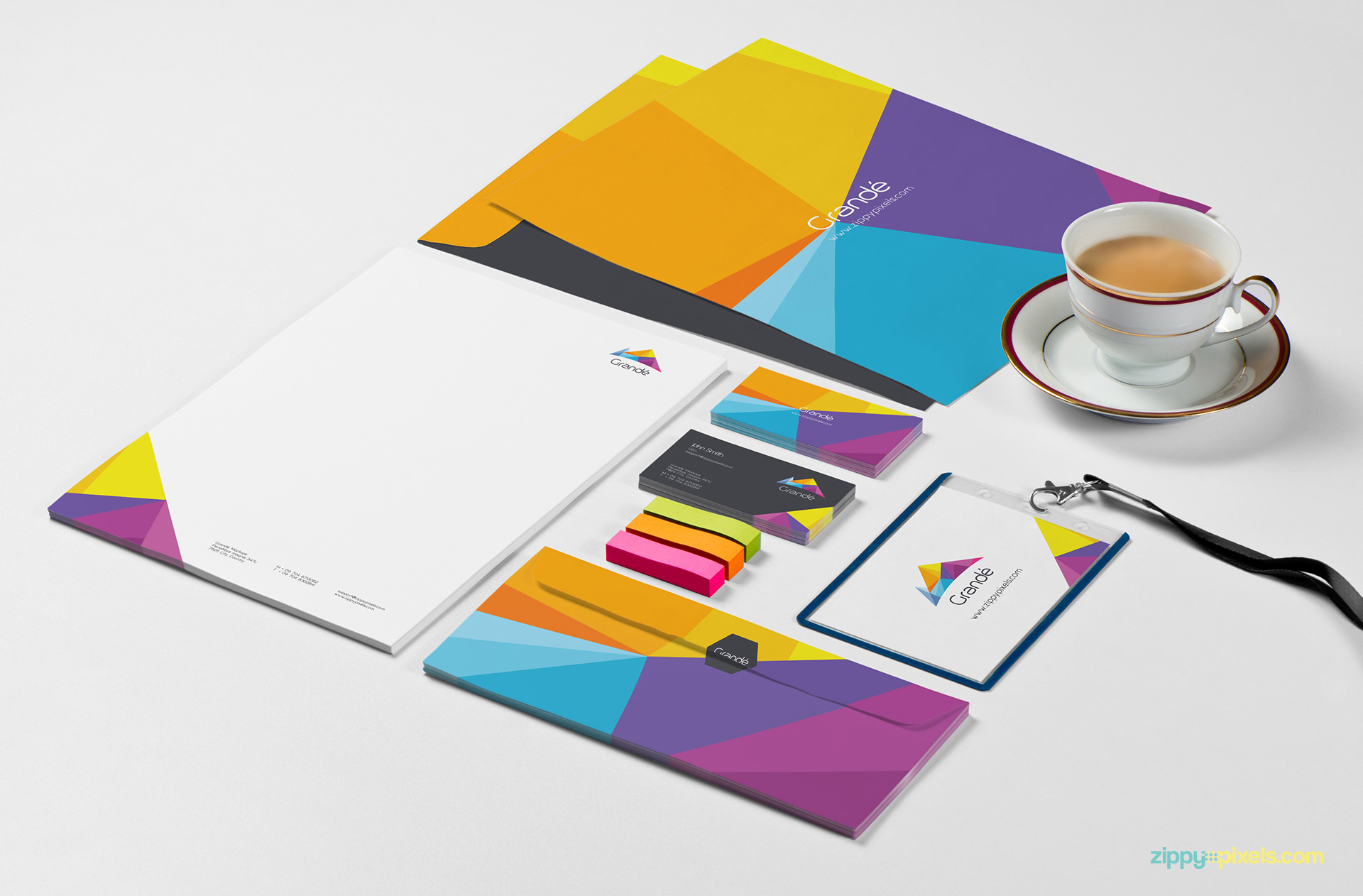 A4 Envelope, A4 Letterhead, Letter Envelope, Business Cards & ID Badge Holder Stationery Mockup for Branding