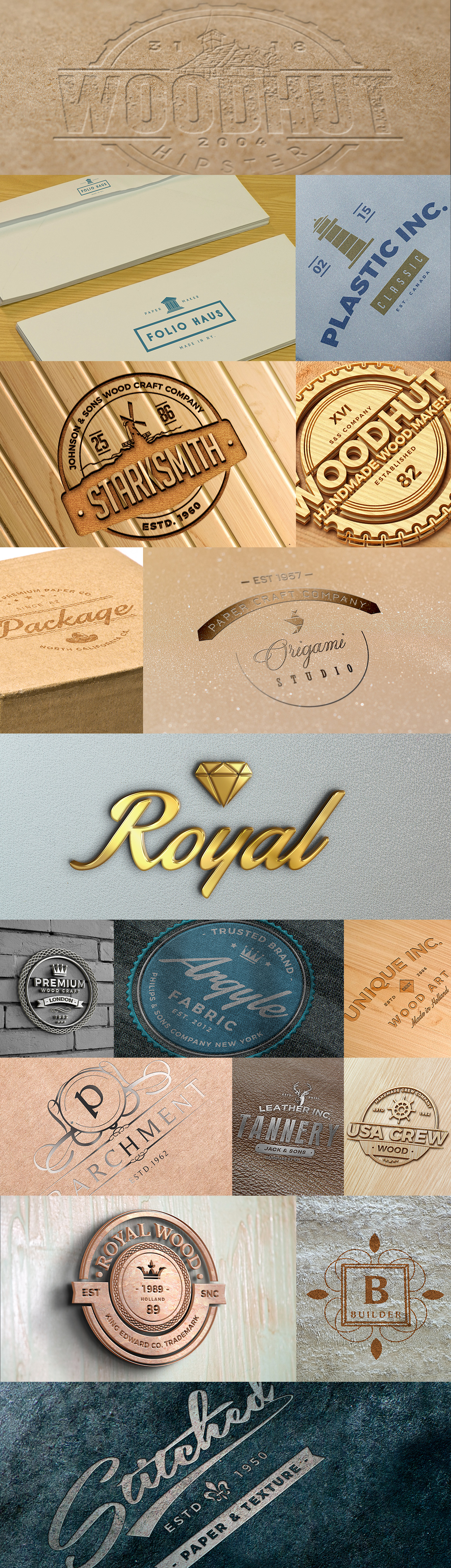 Logo Mockups with Carved, Engraved, Embossed, Silver and Gold effects on wooden and brick walls