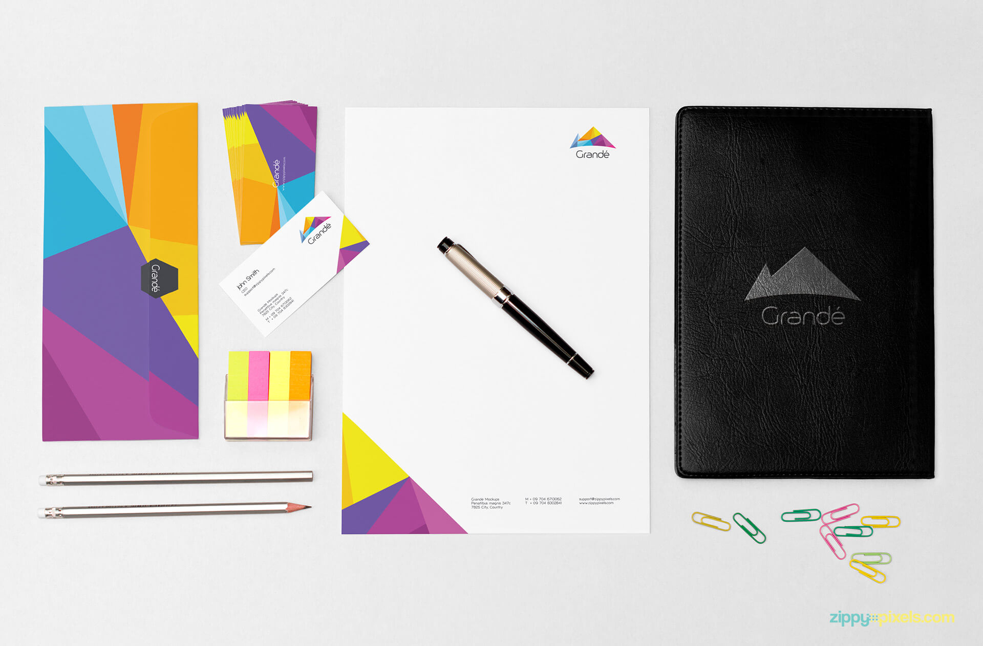 Corporate Identity Mockup of Letterhead, Leather Diary, Business Cards,