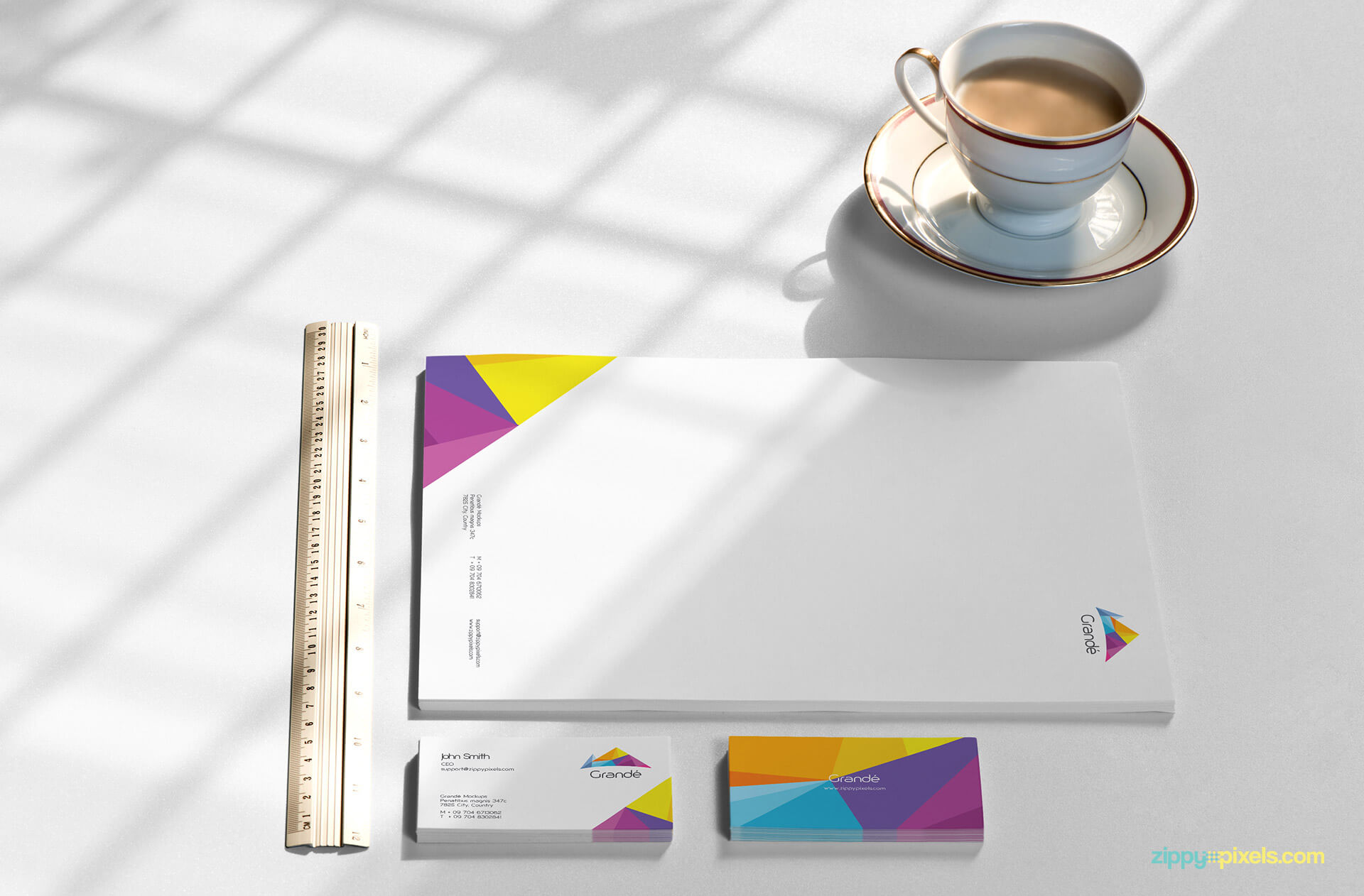 Letterhead and 2 Stacks of Business Card Mockup with Tea cup & Ruler
