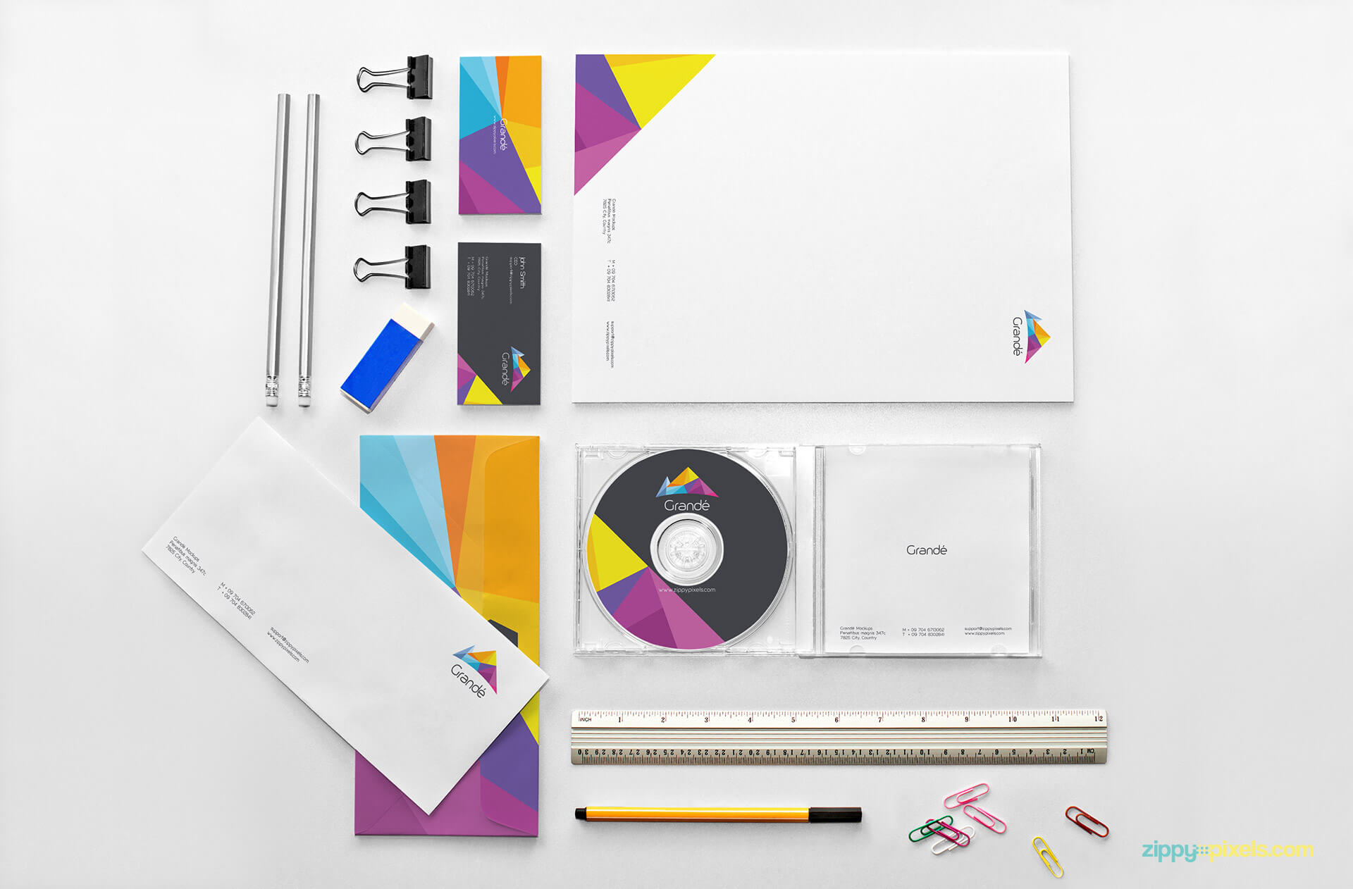 Full Stationery Set Identity Mockup; Business Cards, Letterhead, CD Cover, Evelopes, Ruler, Paper Clips, Pencils
