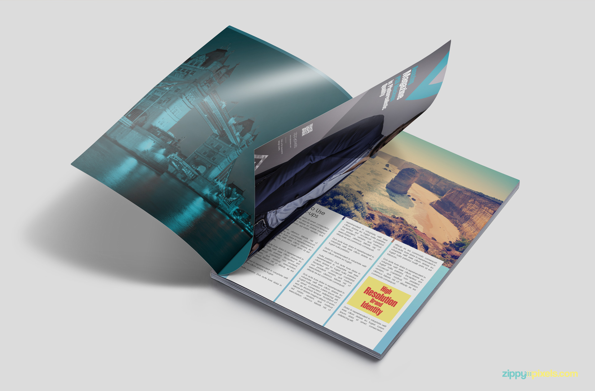 Free PSD mockup showing 3 inner magazine pages grey background