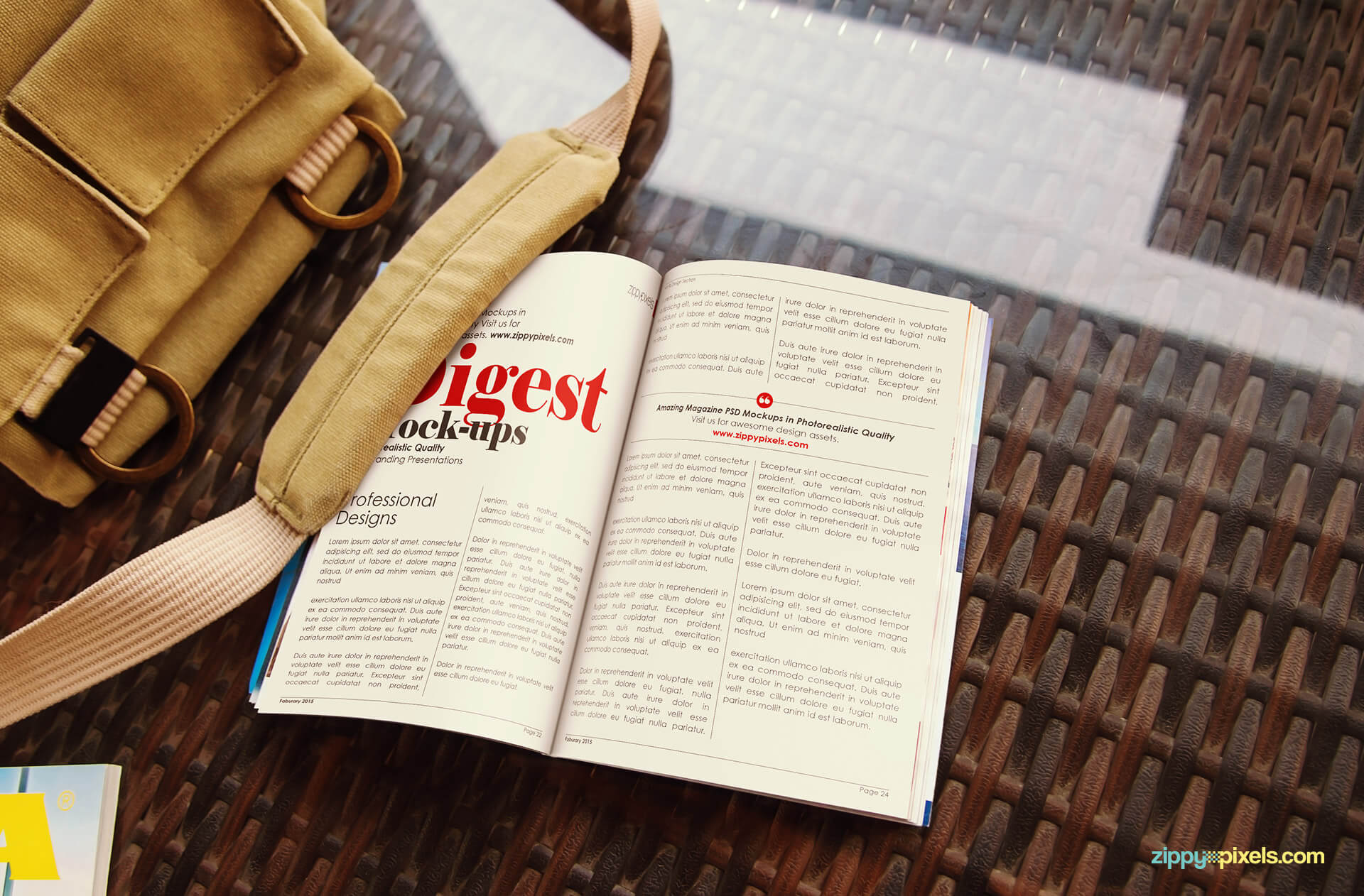 PSD magazine mockup top down view of opened paperback digest