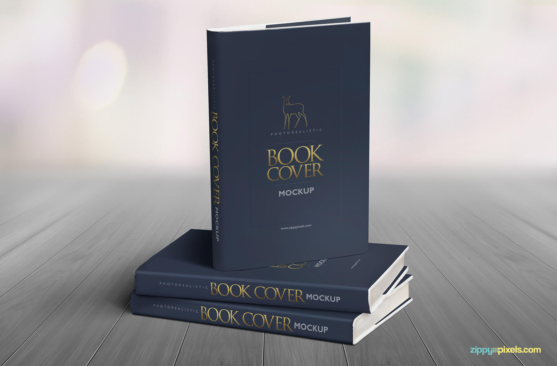 Photorealistic PSD book mockup showcasing cover designs on book standing on two other books