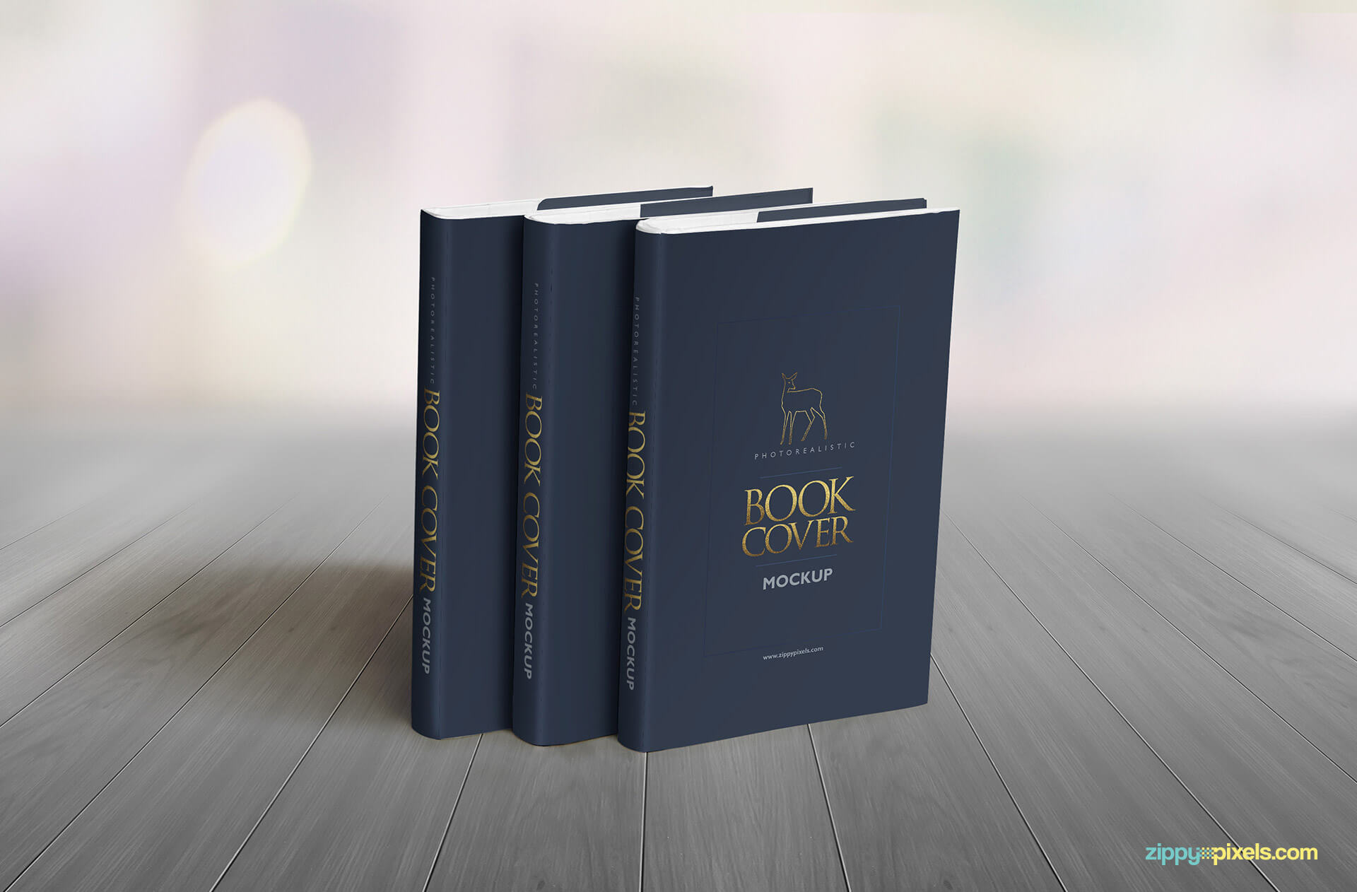 Mockup showing a fron view of set of 3 hardcover books standing vertically