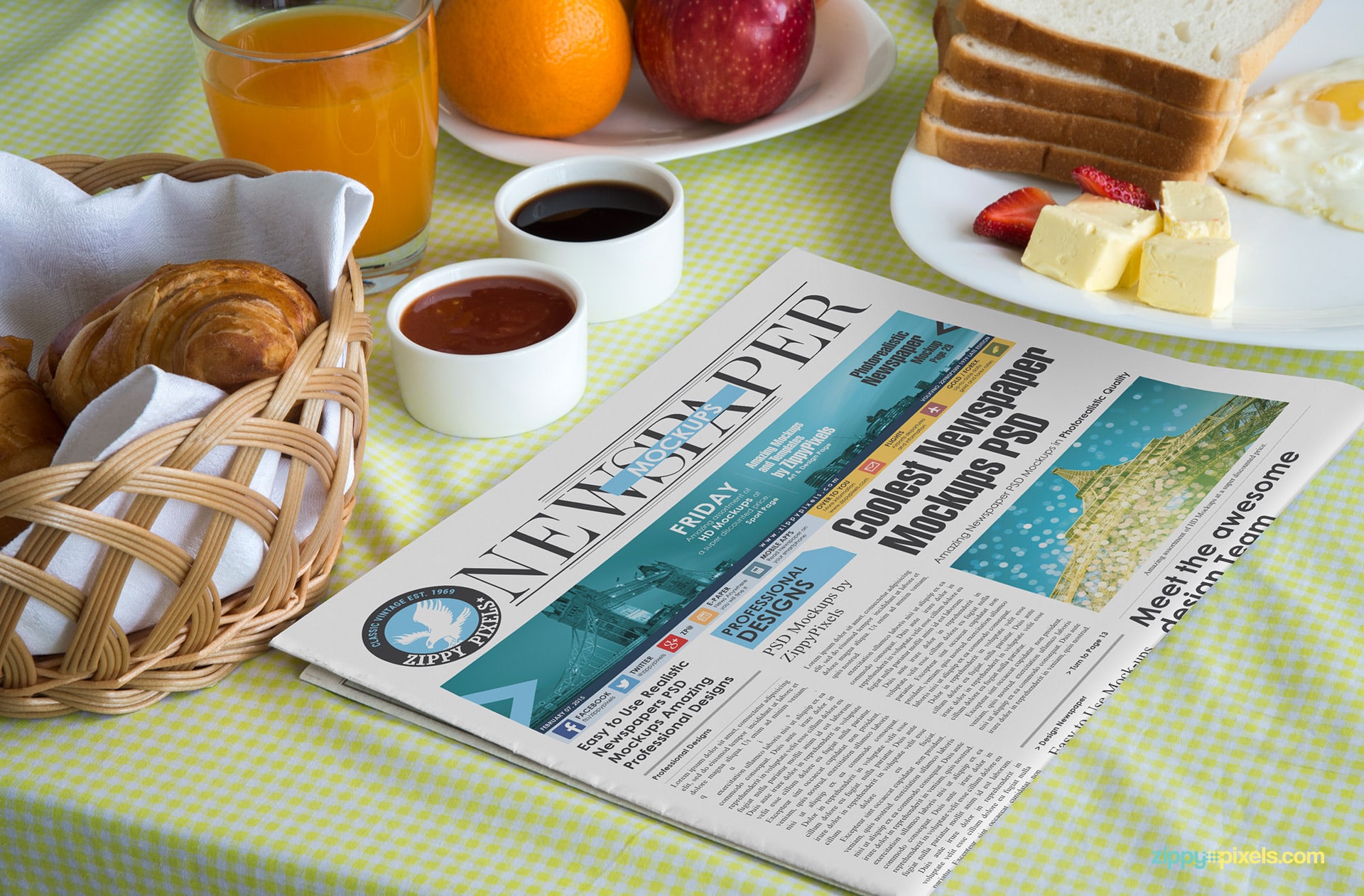 newspaper mockups for displaying newspaper design on half fold newspaper with breakfast