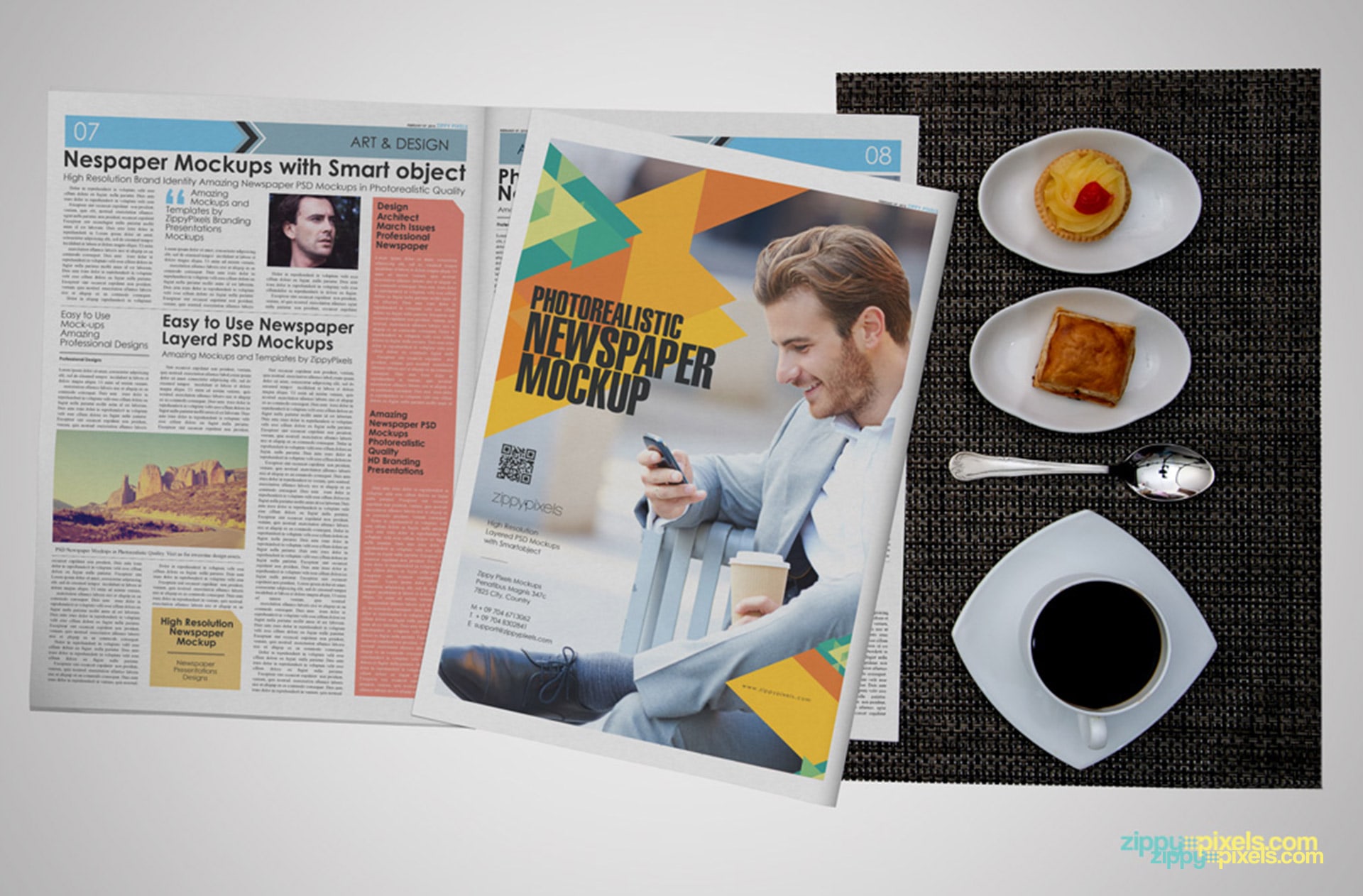 opened compact newspaper mockup showing full page advertising design in tea party