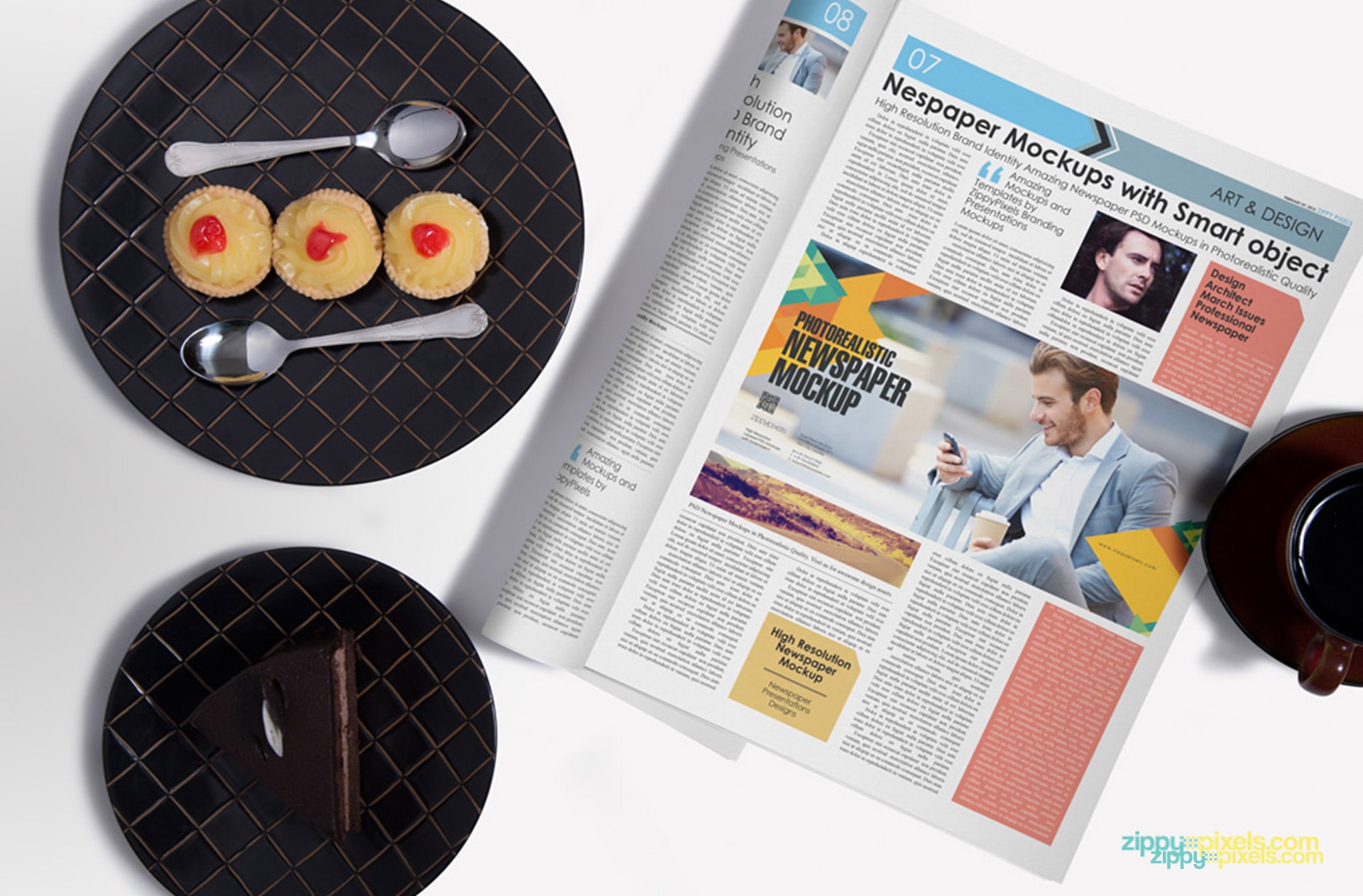 Opened tabloid newspaper mockup with tea and delicious food