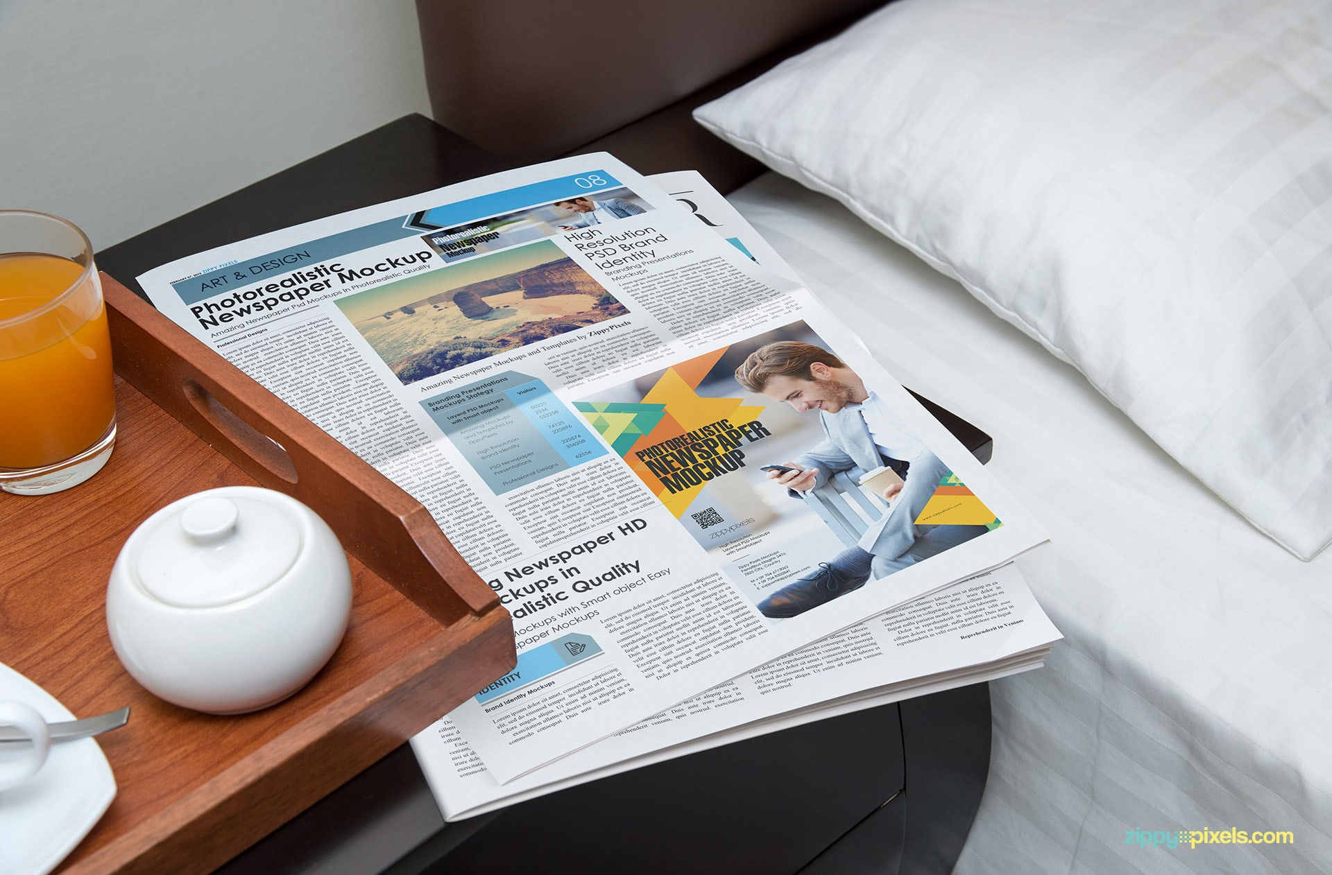 Mockup of newspaper with breakfast on bedside showing quarter page adverting design