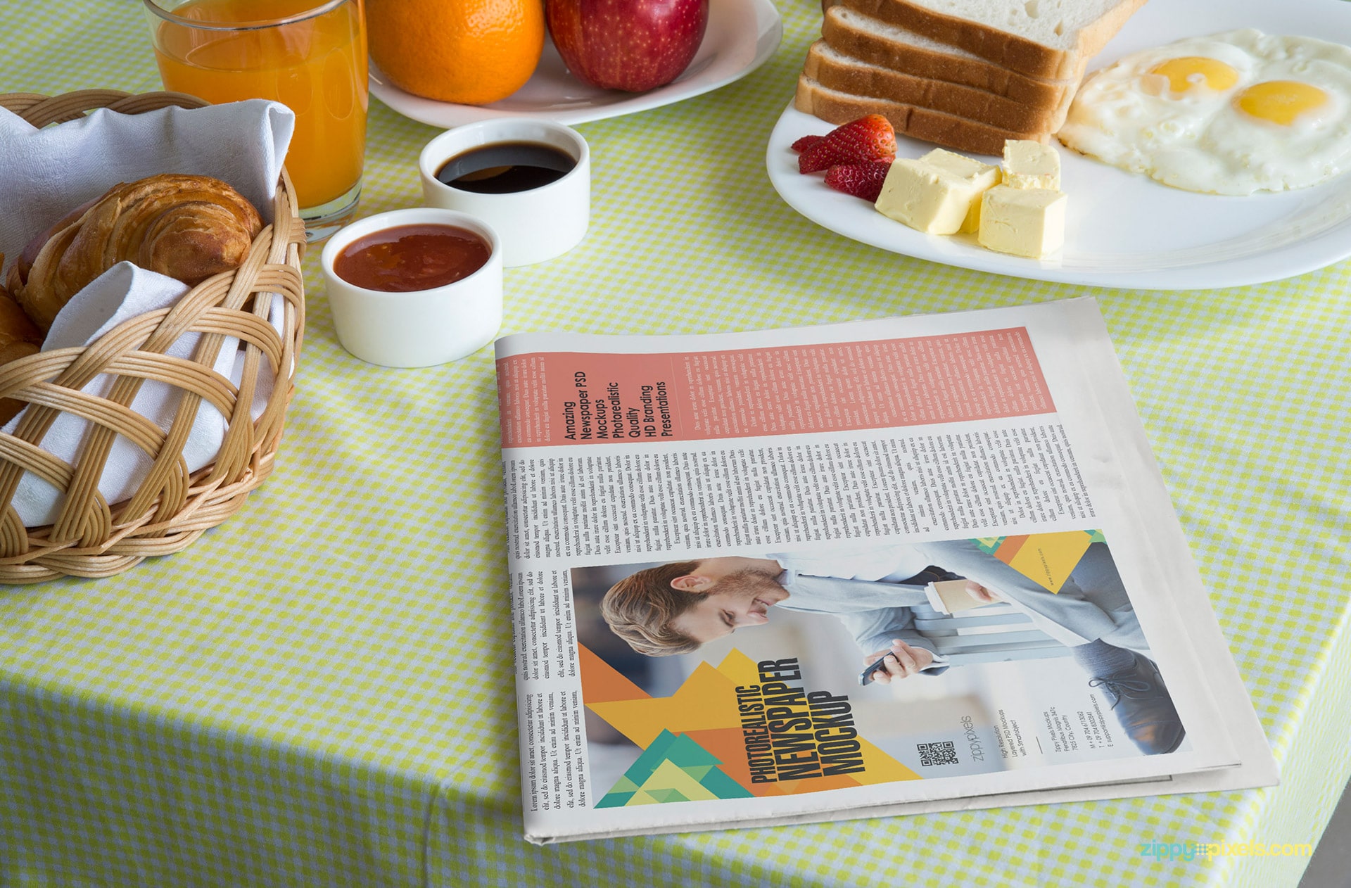 PSD mockup of quarter page ad on half fold newspaper lying on breakfast table