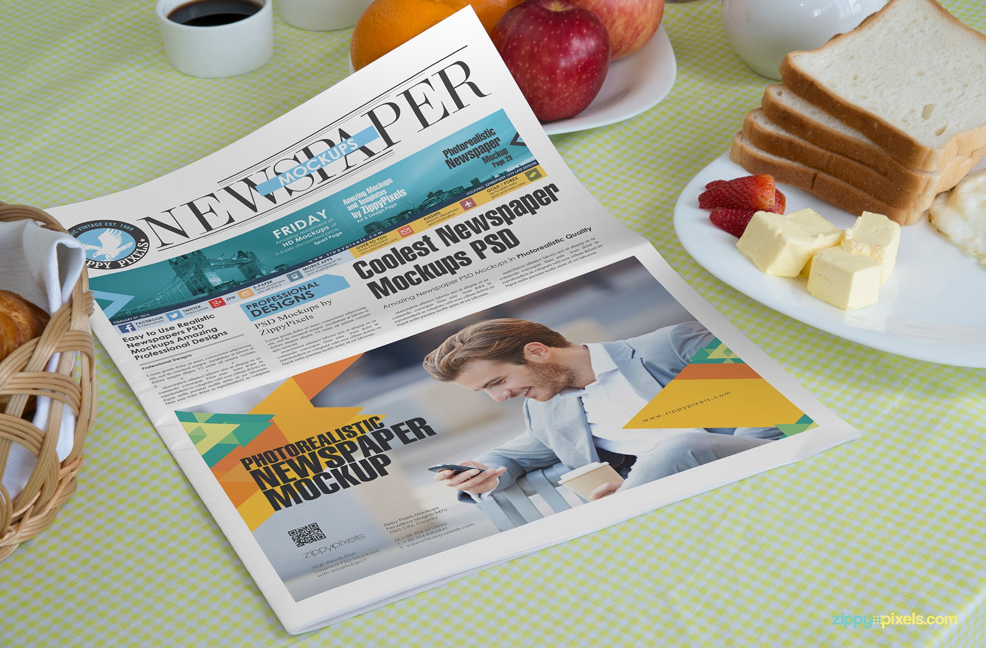 beautiful mockup of newspaper lying between morning breakfast with half page ad display