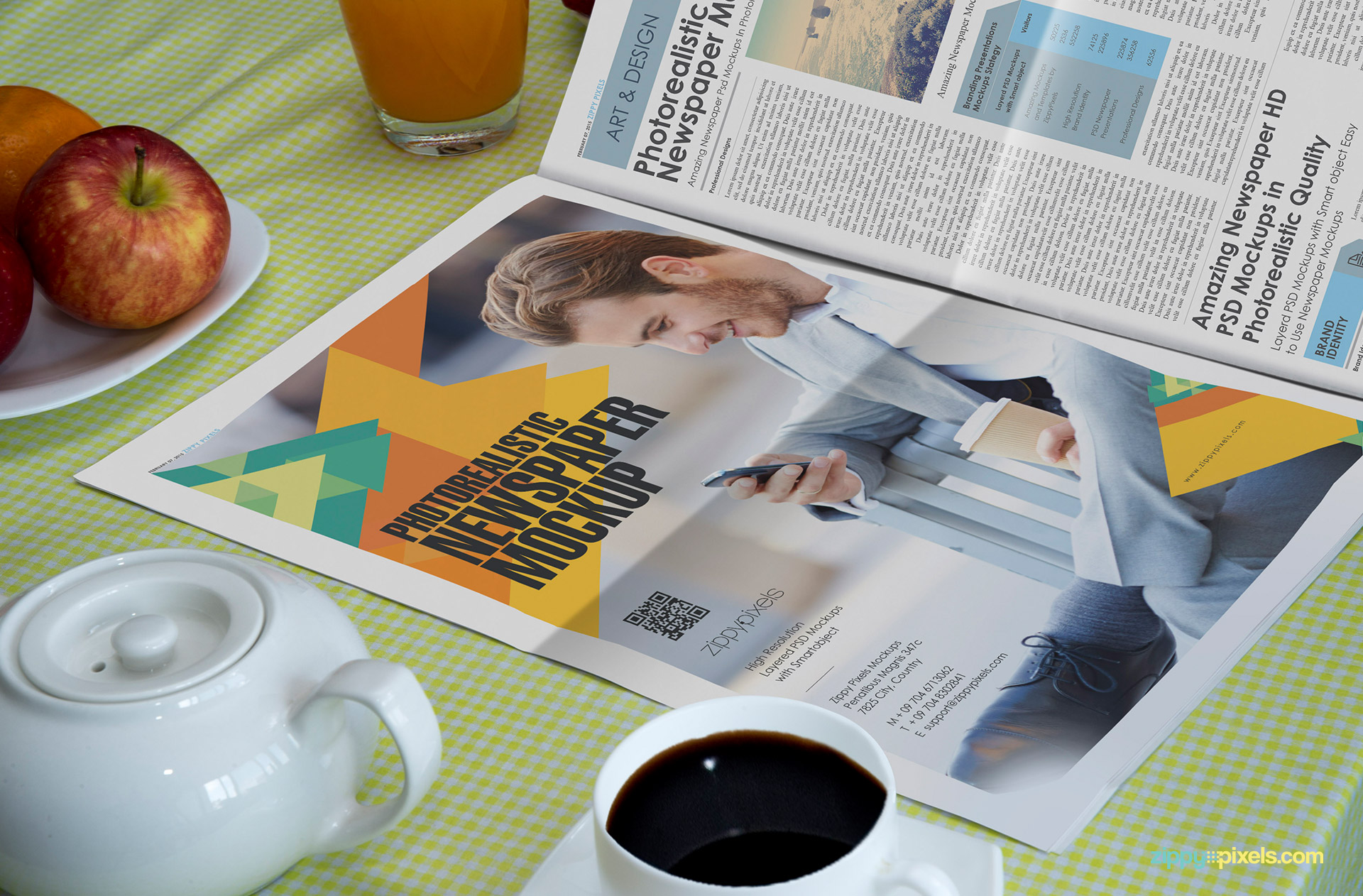 Newspaper Mockups for Full page newspaper ad showcase on breakfast table