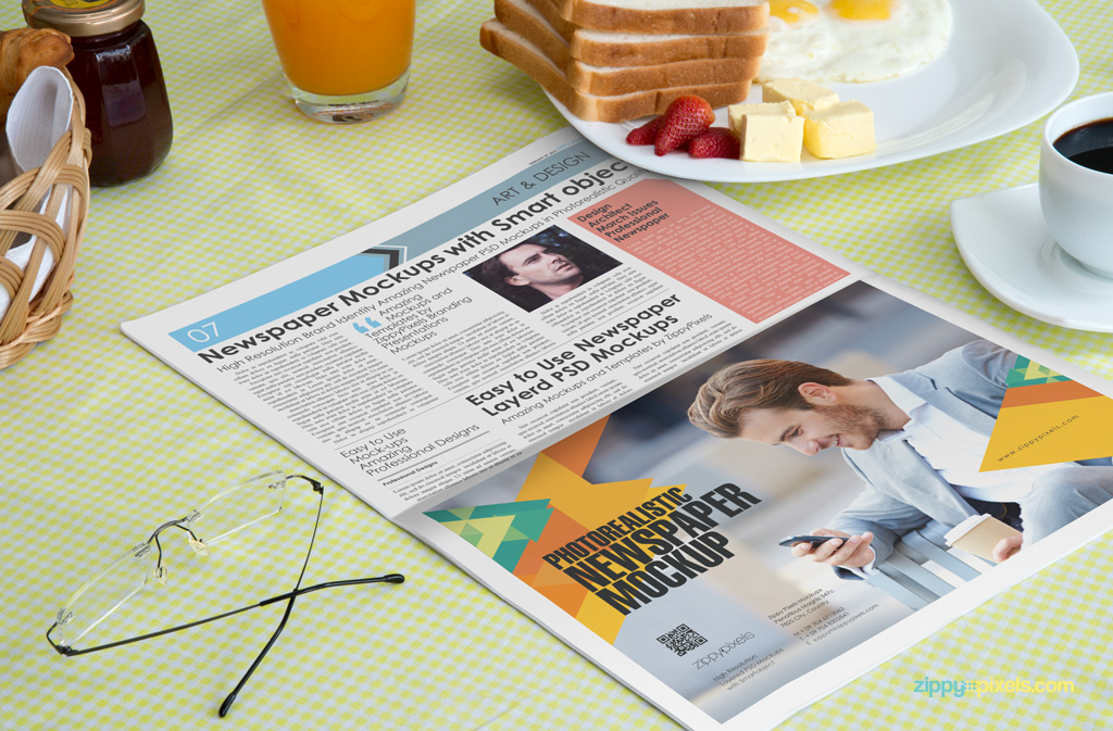Newspaper ad mockups showing a closeup of half page newspaper ad with breakfast