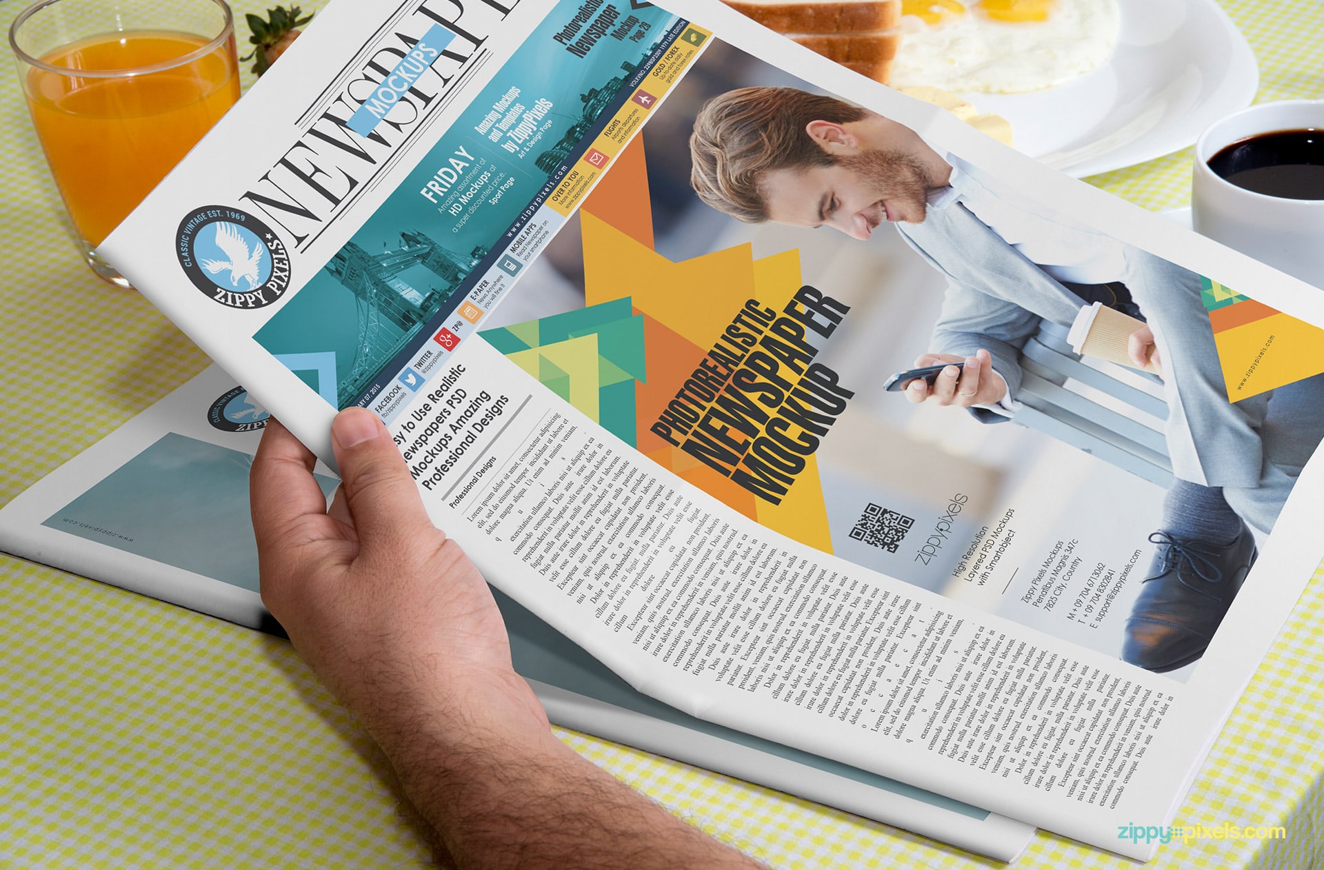 PSD advertising mockup of newspaper held in hand showing a large ad space