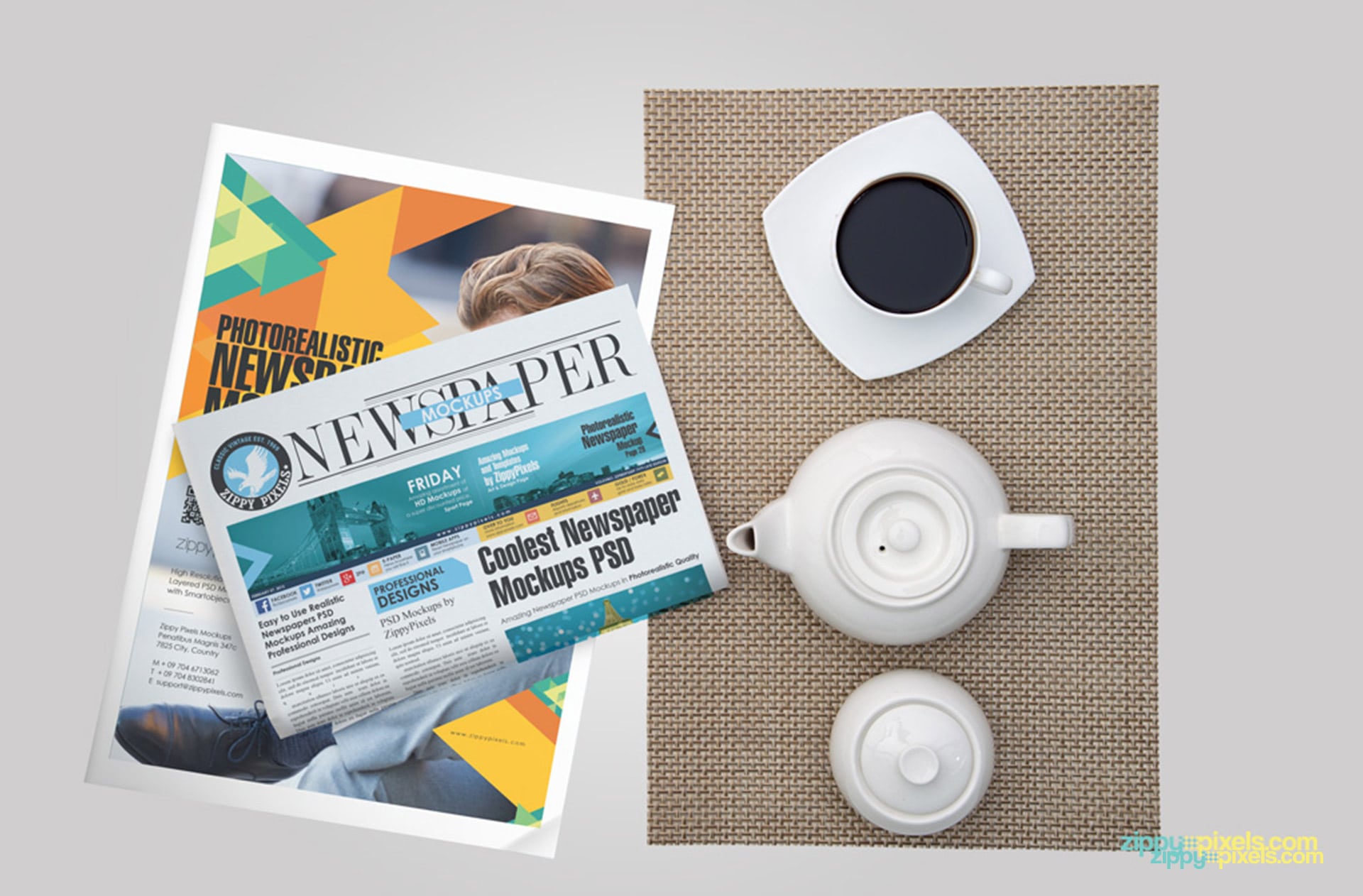 photorealistic newspaper advertising mockup with tea party theme