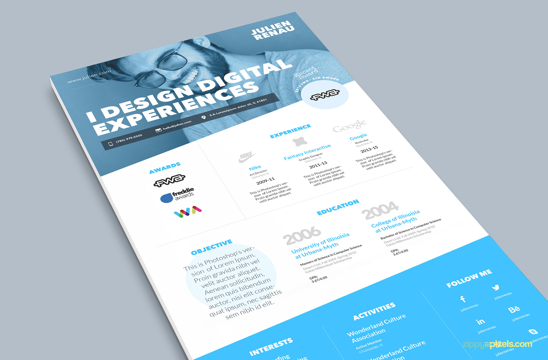 Blue One Page Resume PSD Template