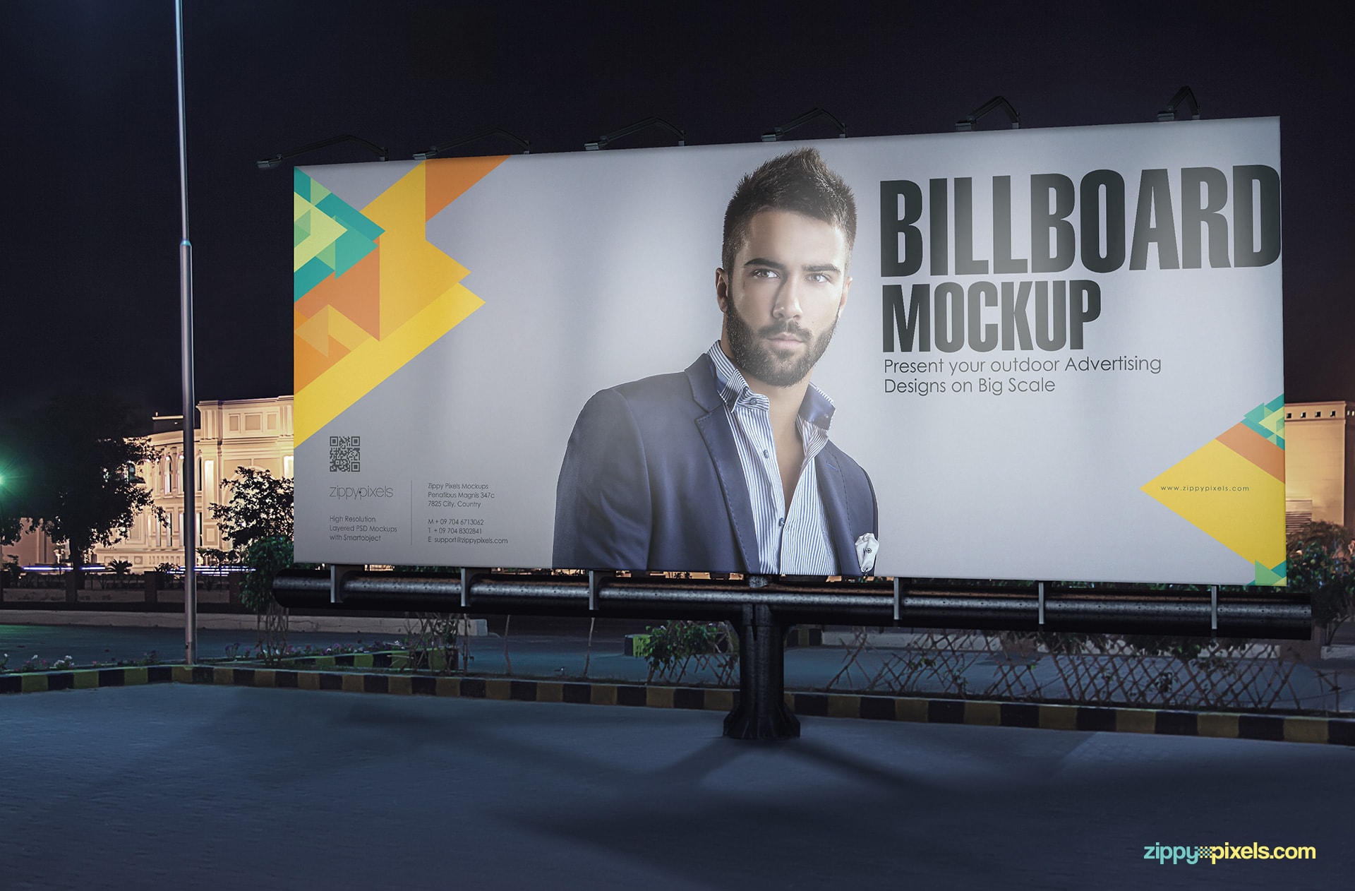 Outdoor Billboard Mockup - Billboard with lighting in the dead of the night