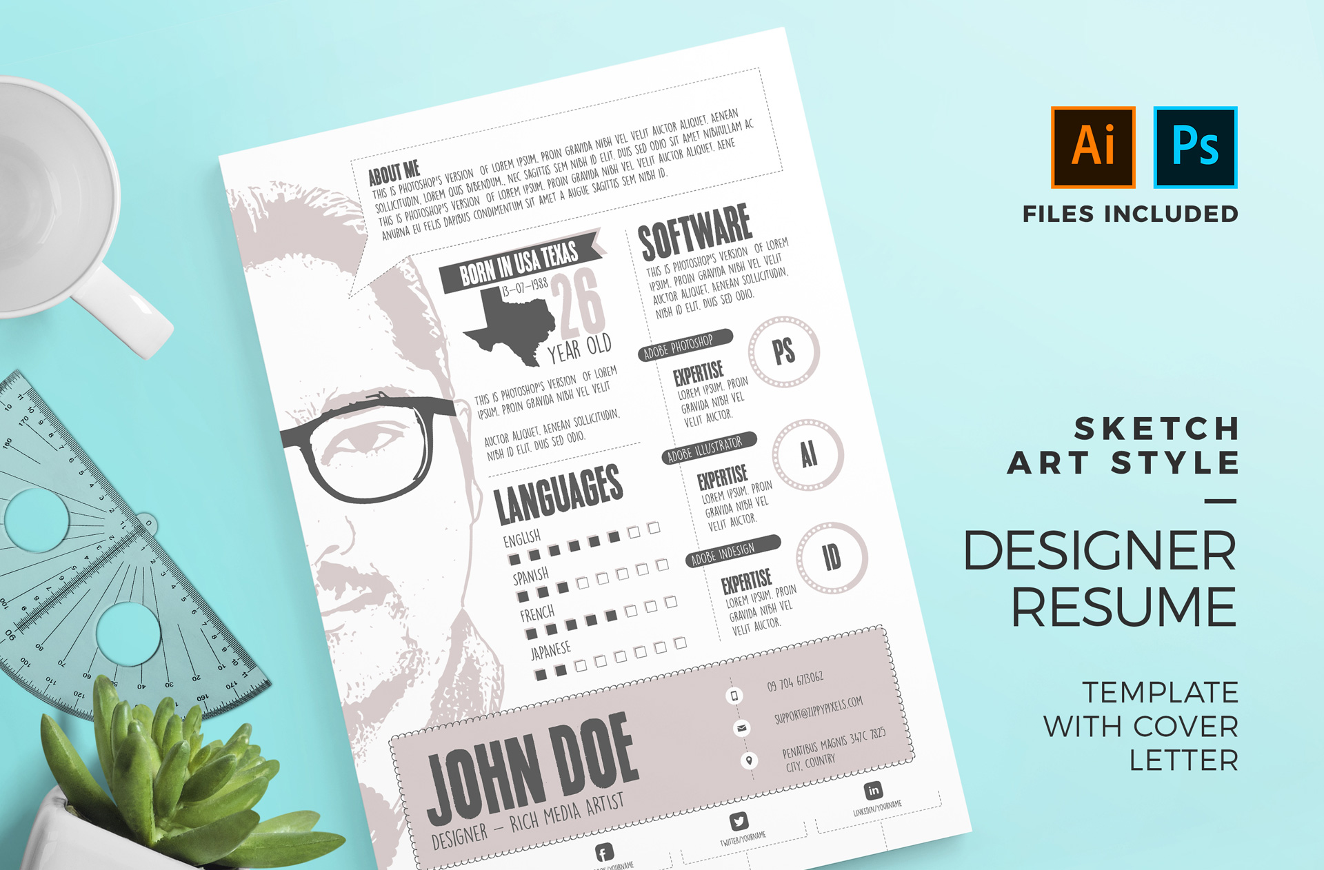 Sketch Art Style Designer Resume Template with Cover Letter (PSD & AI)