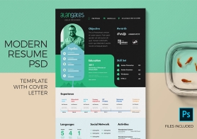 Modern Resume PSD Template with Cover Letter in 4 Colors