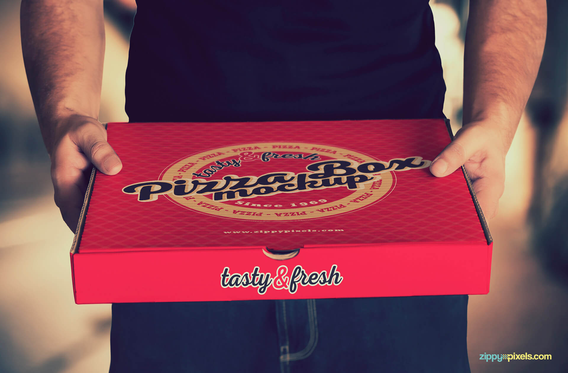 Realistic pizza cardboard box mockup.