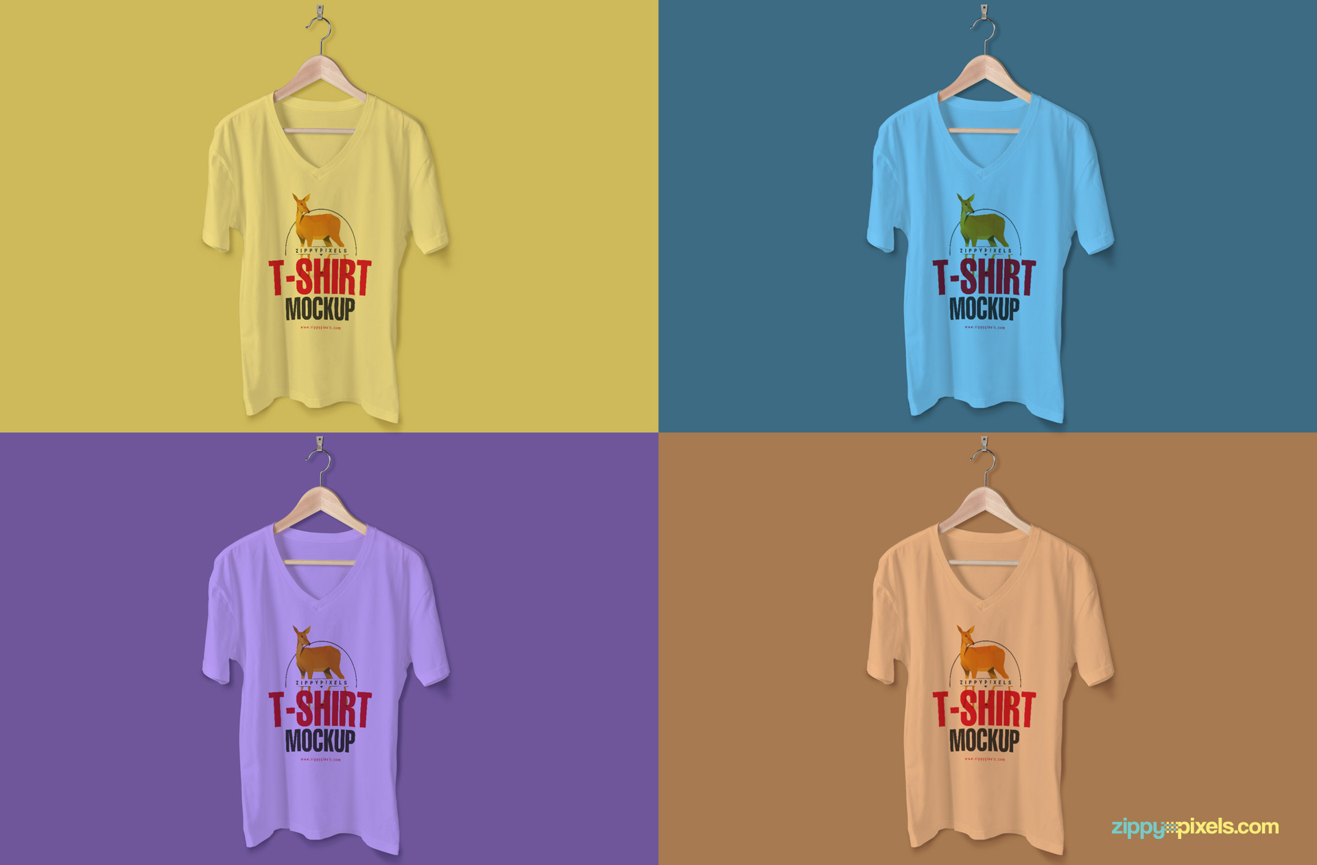Free v-neck t-shirt psd mockup with editable color selection.