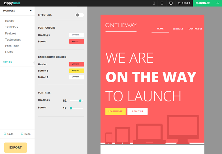 ontheway newsletter email template with drag and drop builder