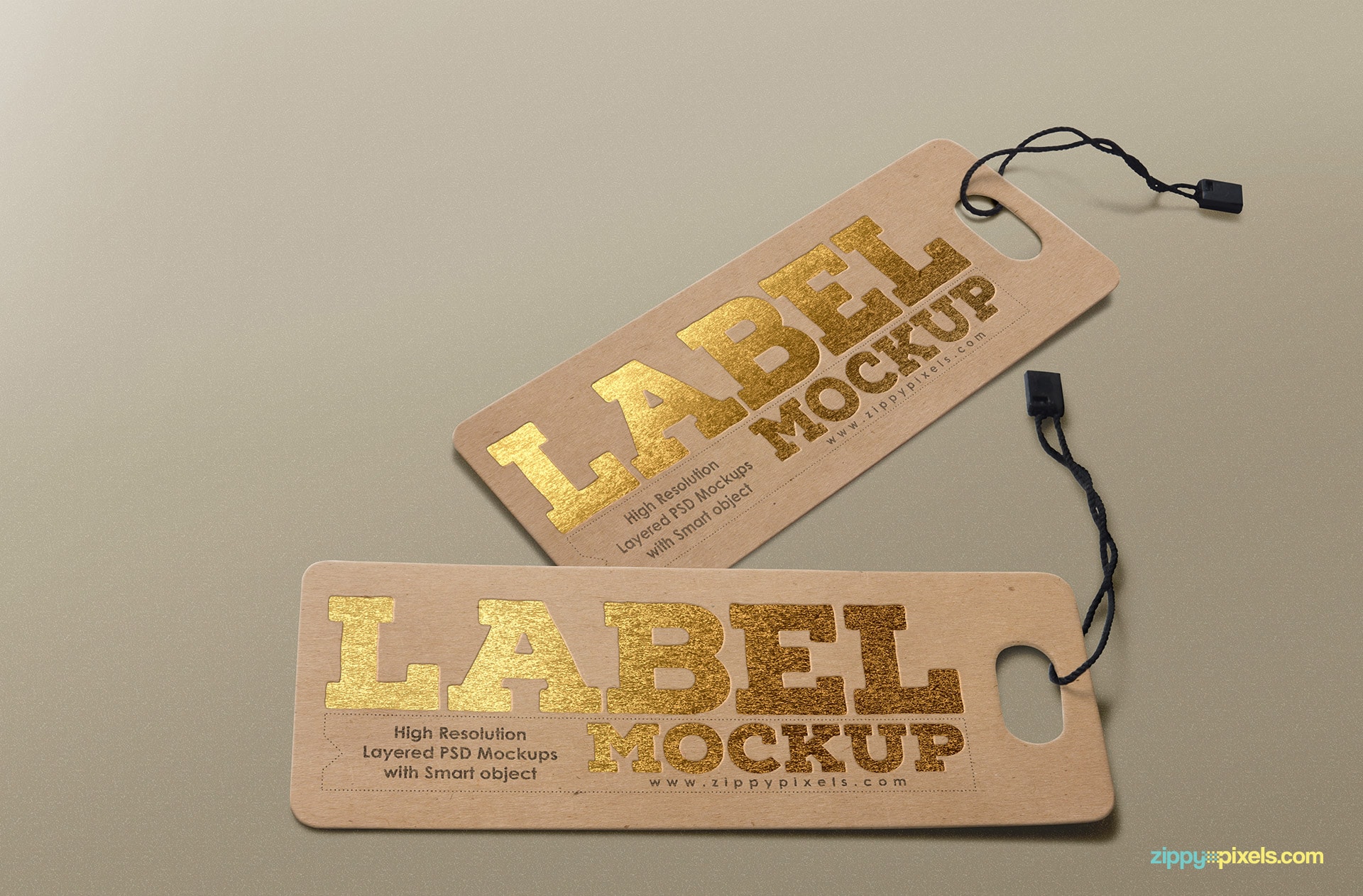 Tag PSD mockup with golden print effect.