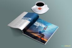 Photorealistic Magazine Mockup with Coffee Cup Scene
