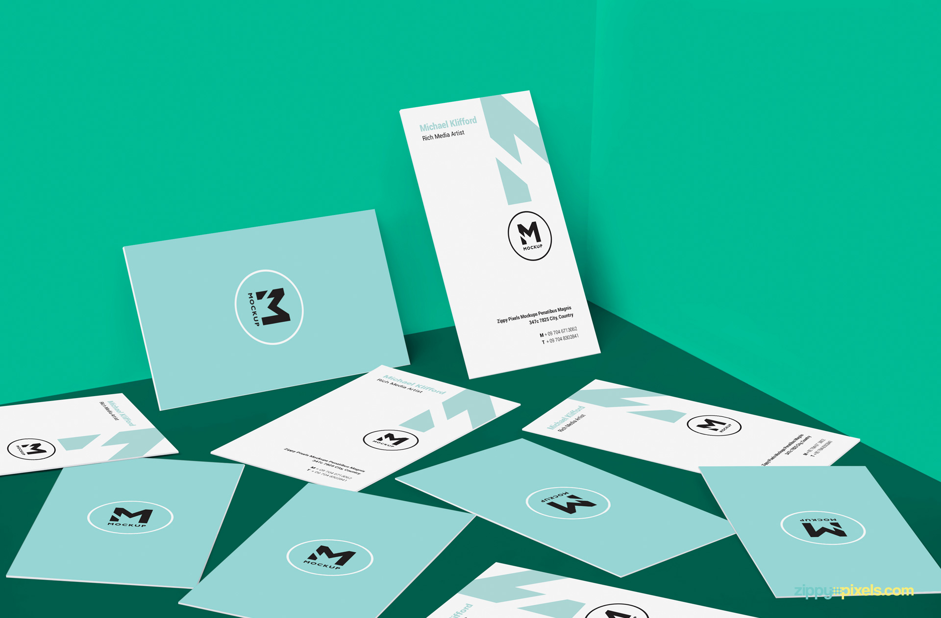 free visiting card design mockup in scattered view