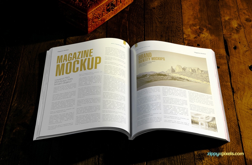 spread view of the magazine mockup psd with gold foil effect