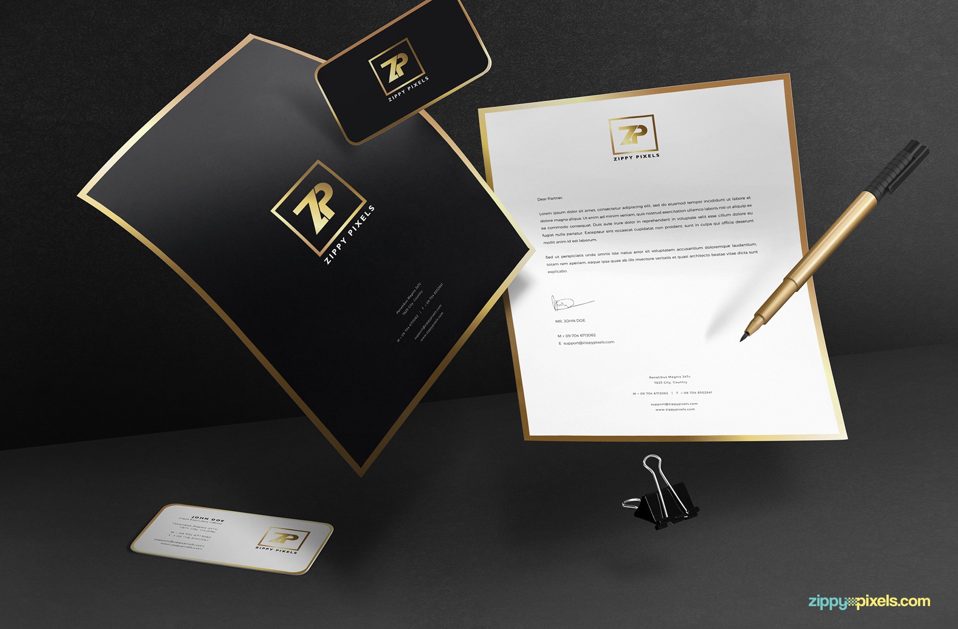gravity-scene-gold-foil-A4-paper-business-card-pen-4