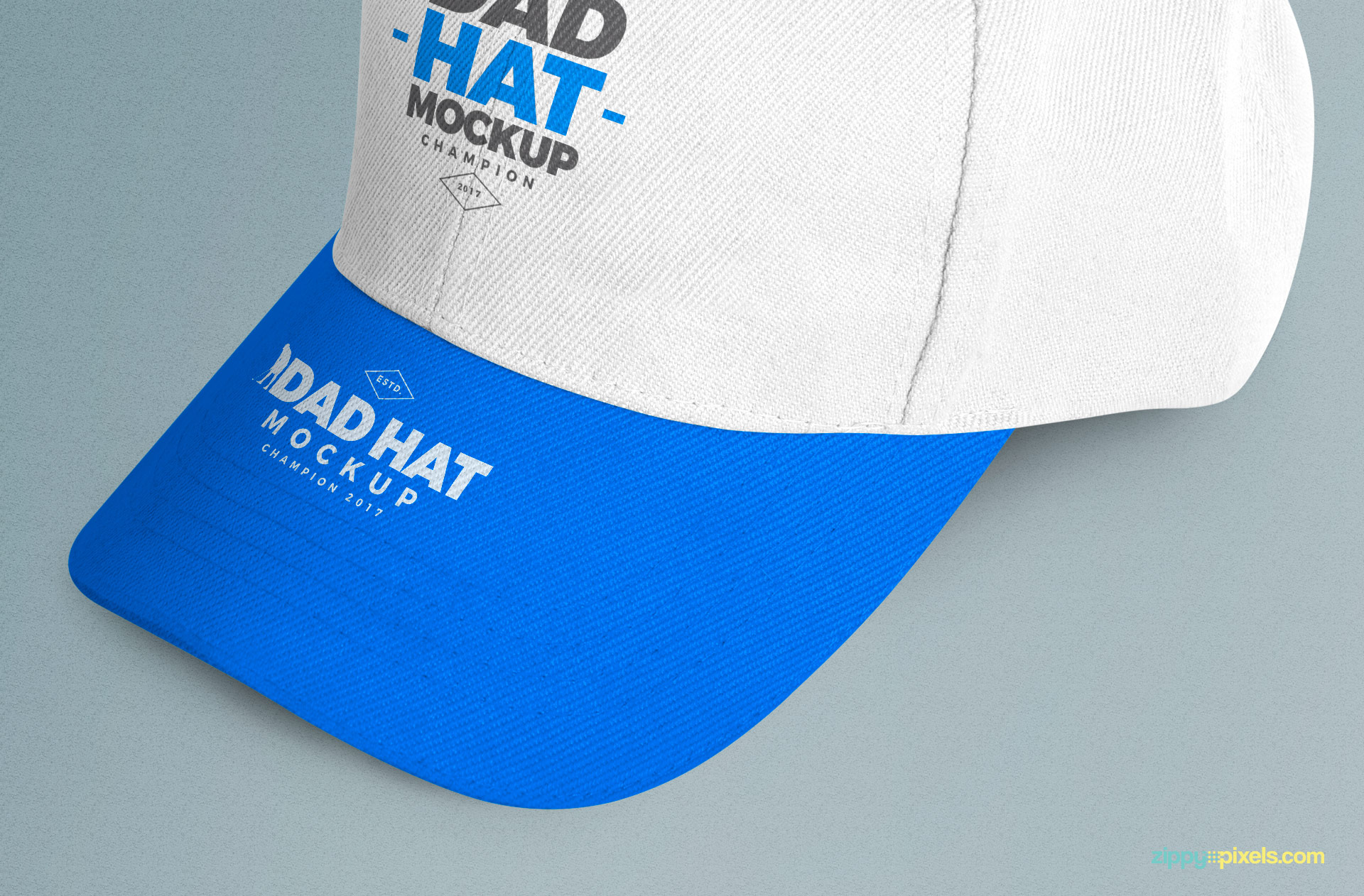 change front panel and brim designs along with background color of this free dad hat mockup psd
