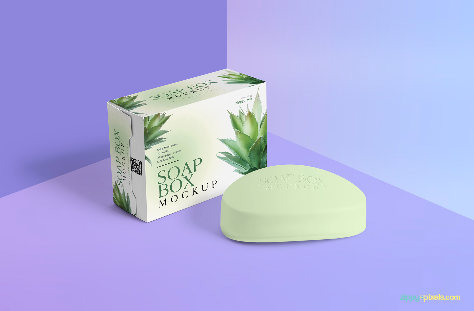 Full view of the packaging box and soap mockup.