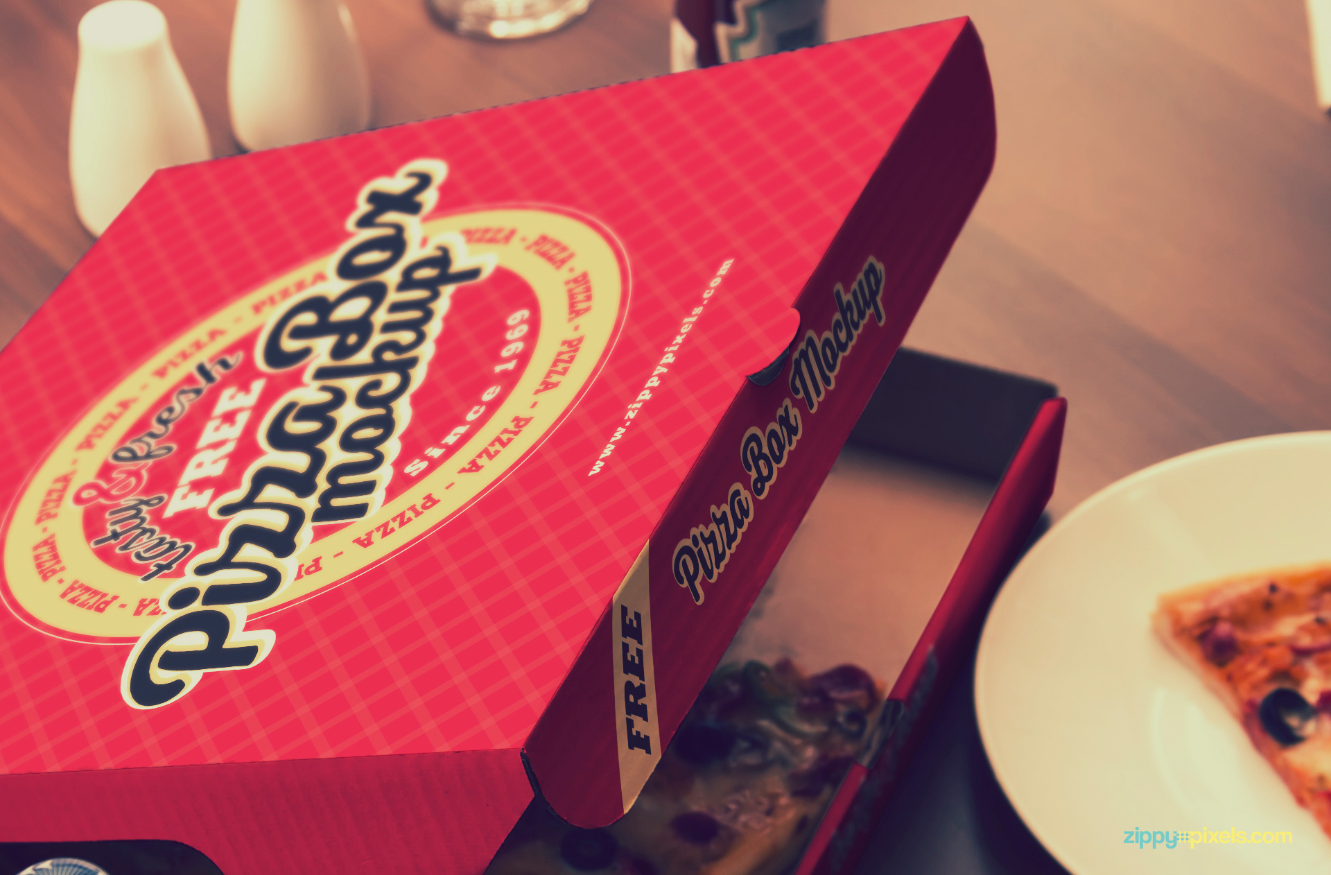 Use Adobe Photoshop to edit the top and side of the pizza box.