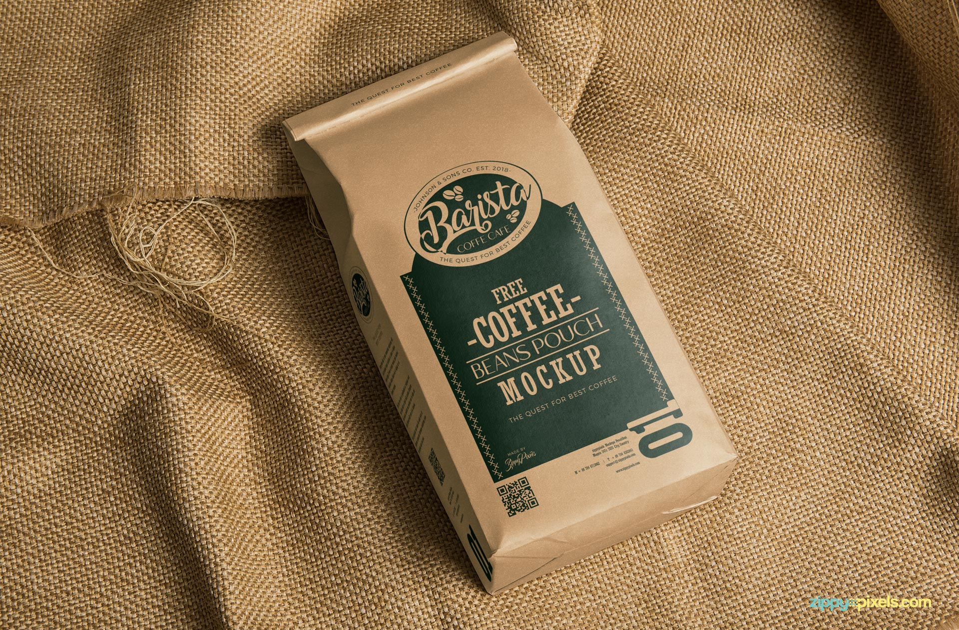 Brown packaging pouch mockup placed on jute background.