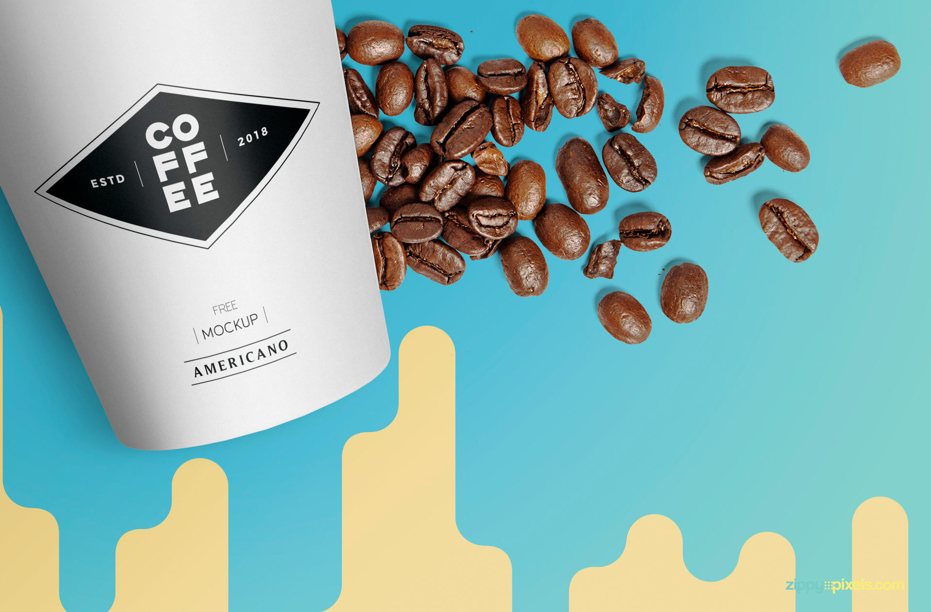 Brown coffee beans placed beside paper cup mockup.