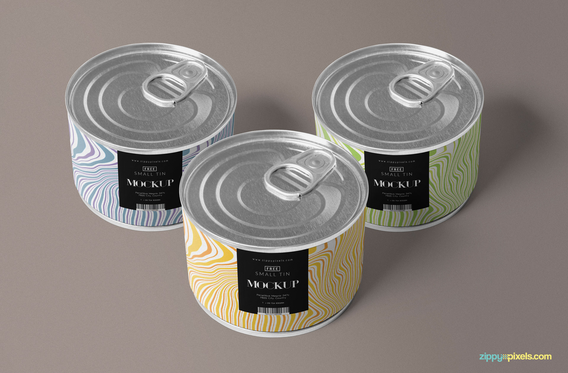 The arrangement of the three small tin mockups.