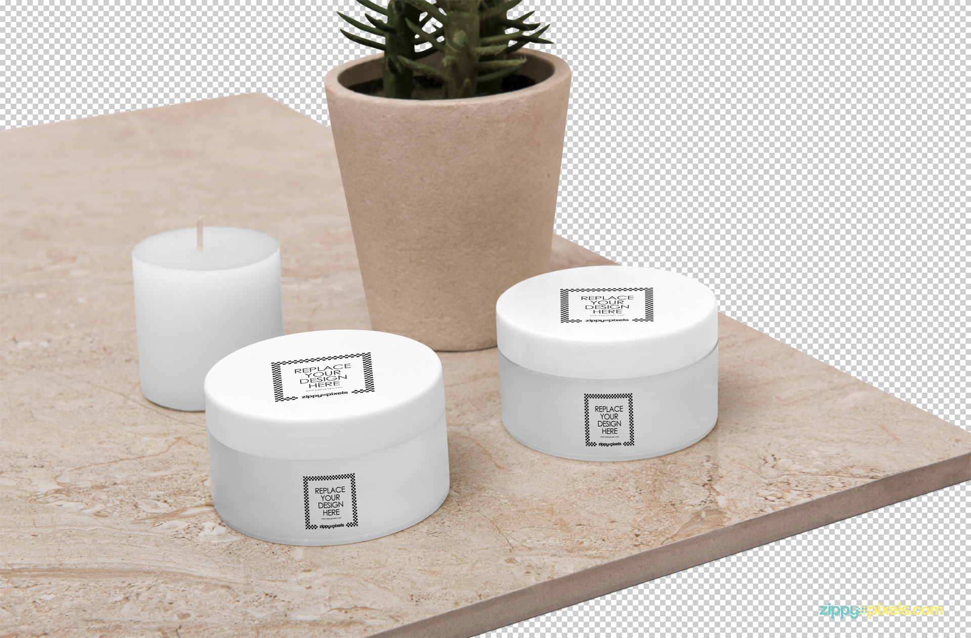 Use a smart object option to add your designs to this cosmetic jar mockup.
