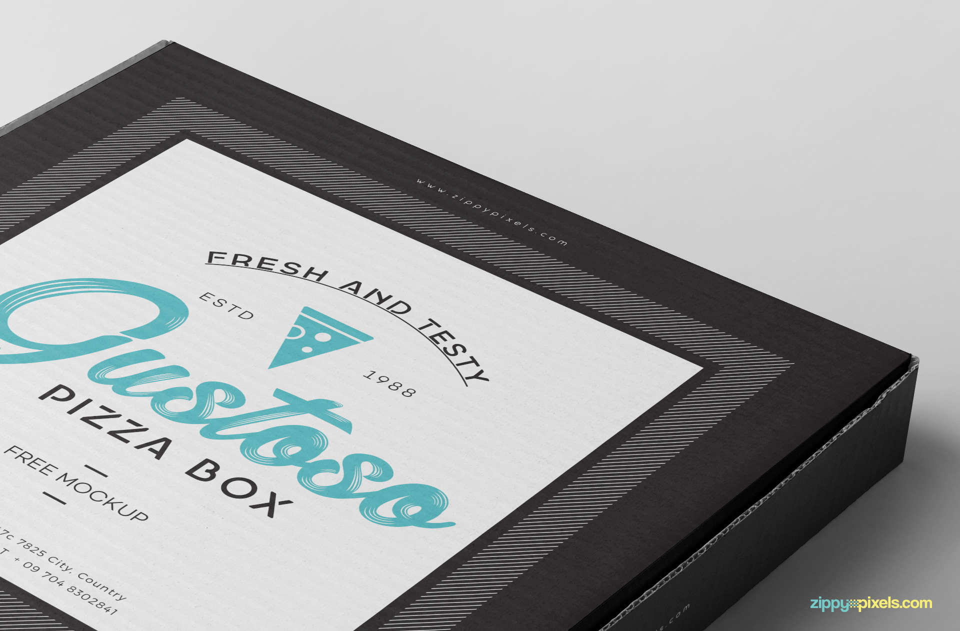 Zoom in view of the pizza box mockup PSD.