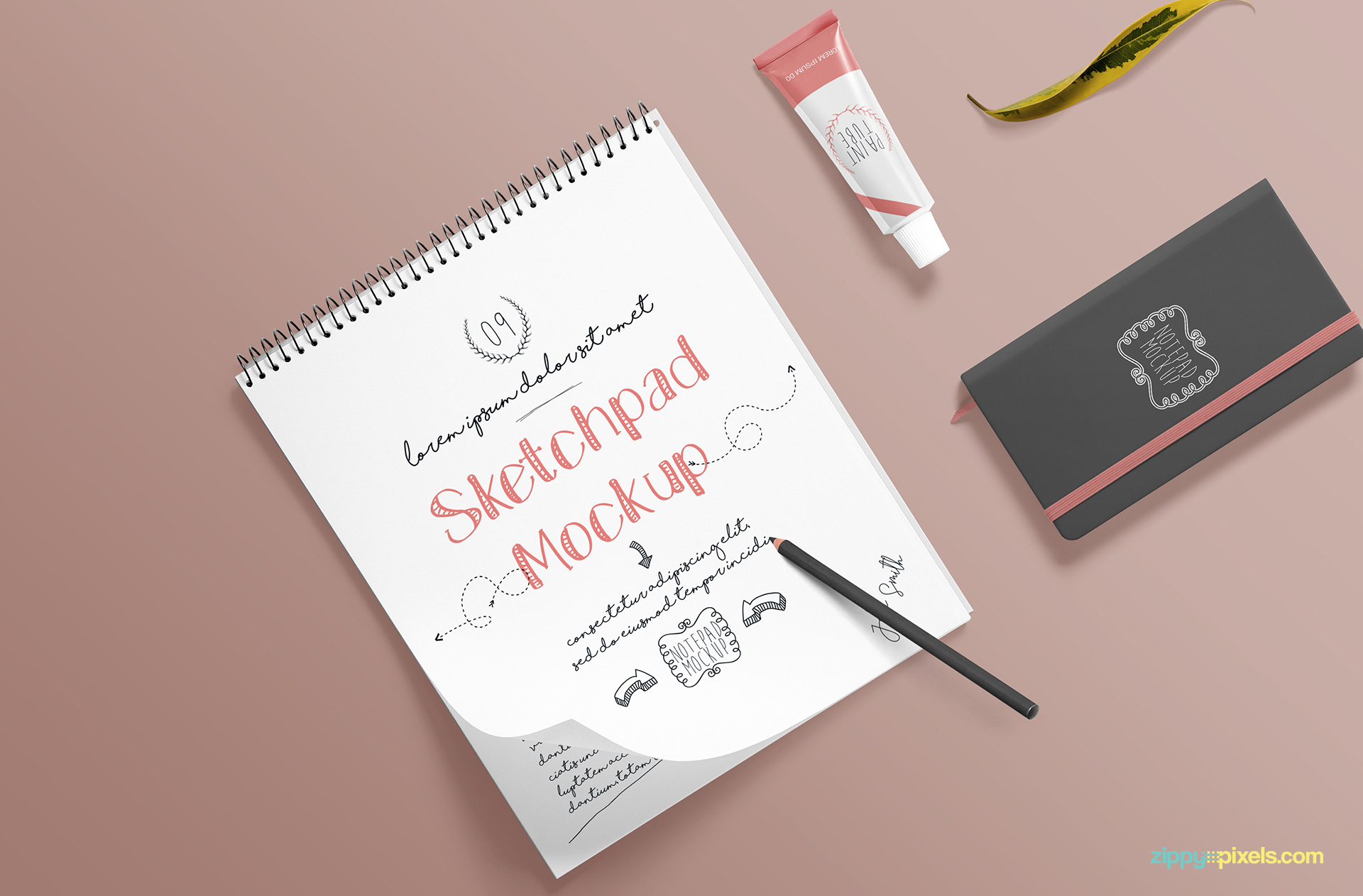 Fully customizable and free sketchbook mockup PSD scene.