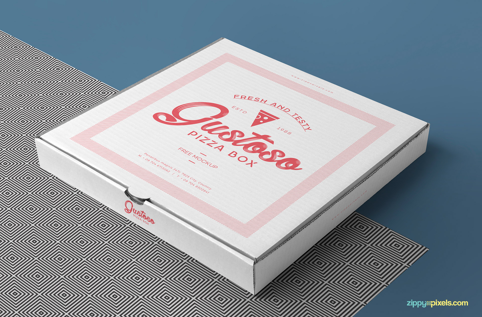 Pizza box mockup placed on the customizable mat.
