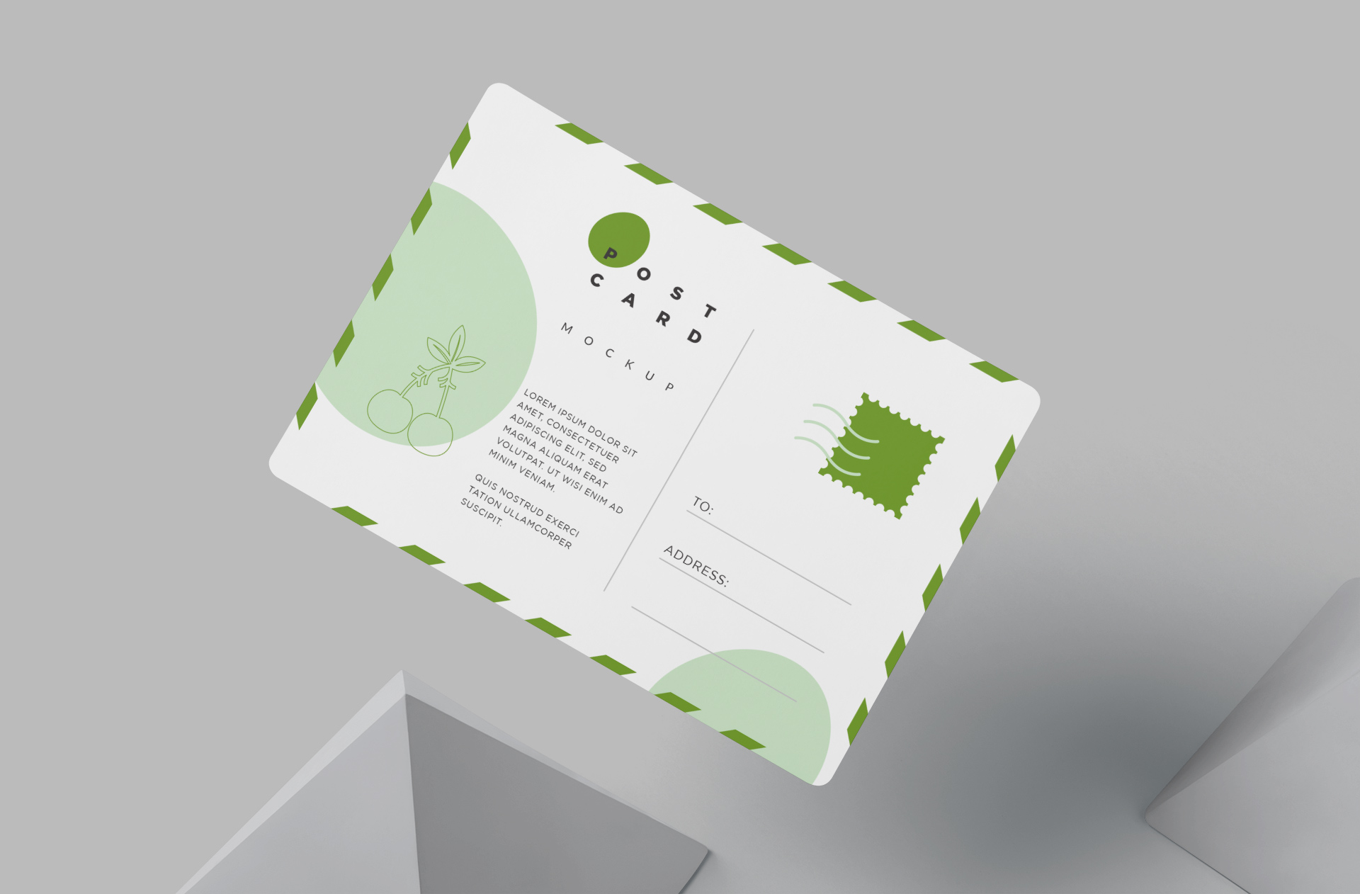 Floating Green Postcard Mockup with Back Design