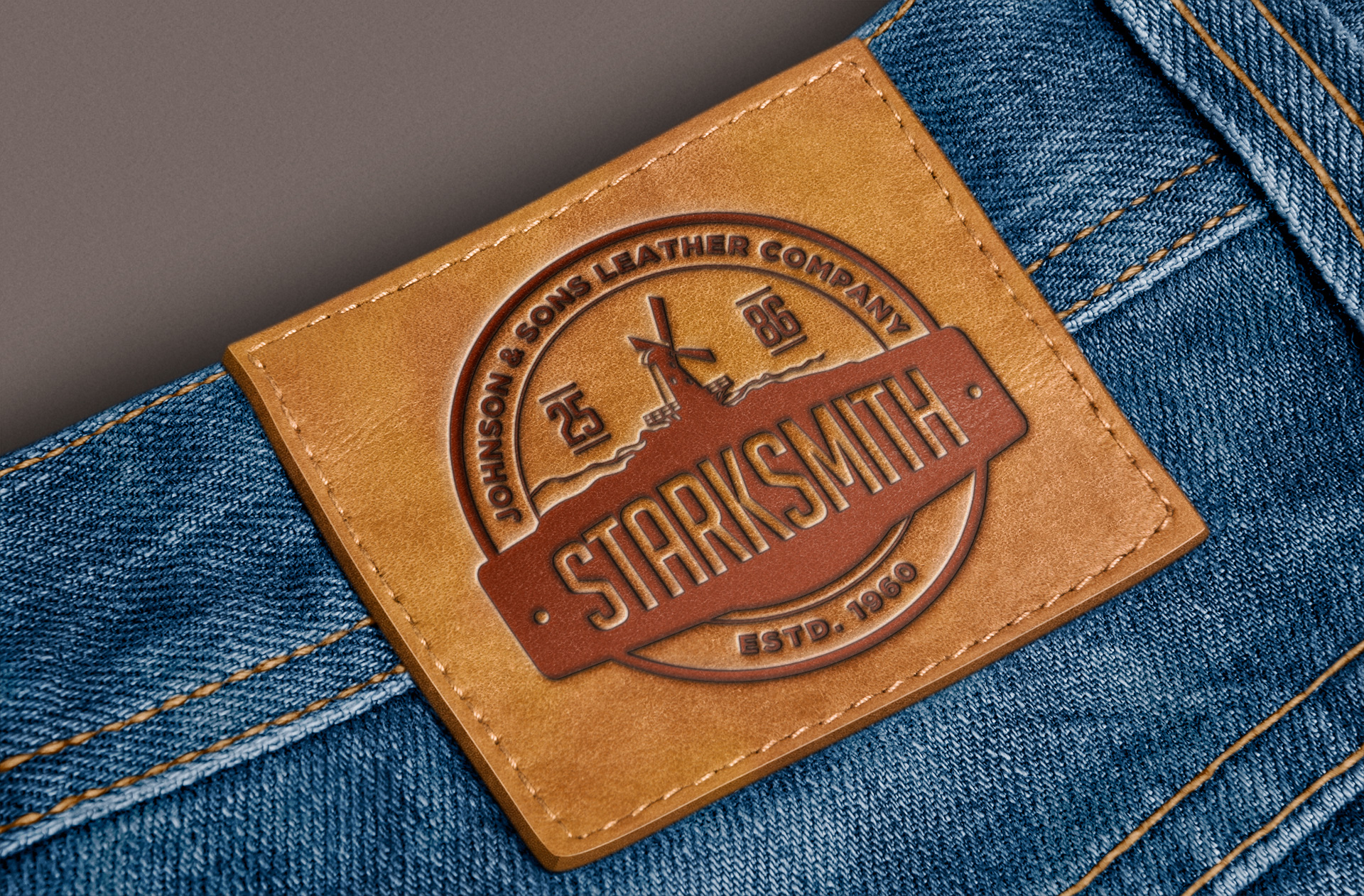 Realistic Leather Patch Logo Mockup on Denim Fabric