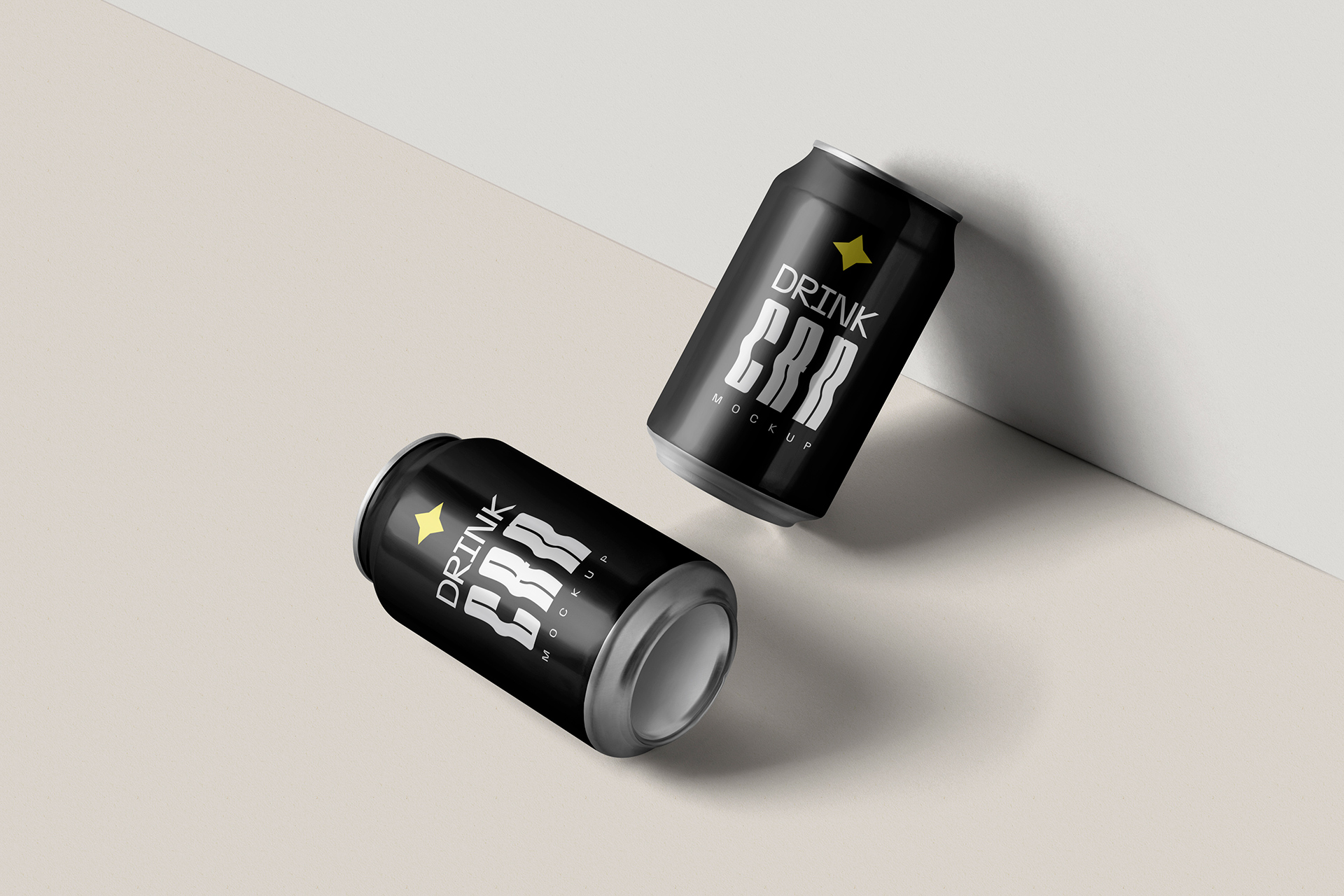 Two Drink Cans Lying and Standing Mockup