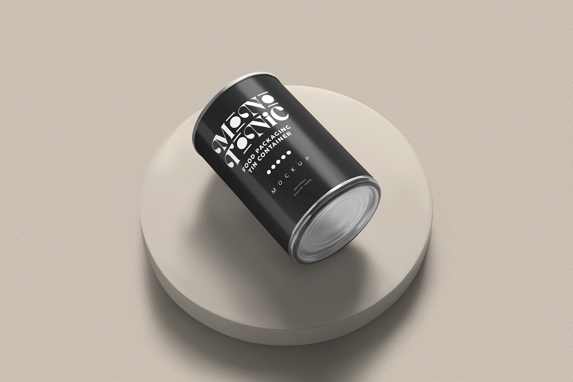 Angled Food Tin Can Mockup with Shadow Base