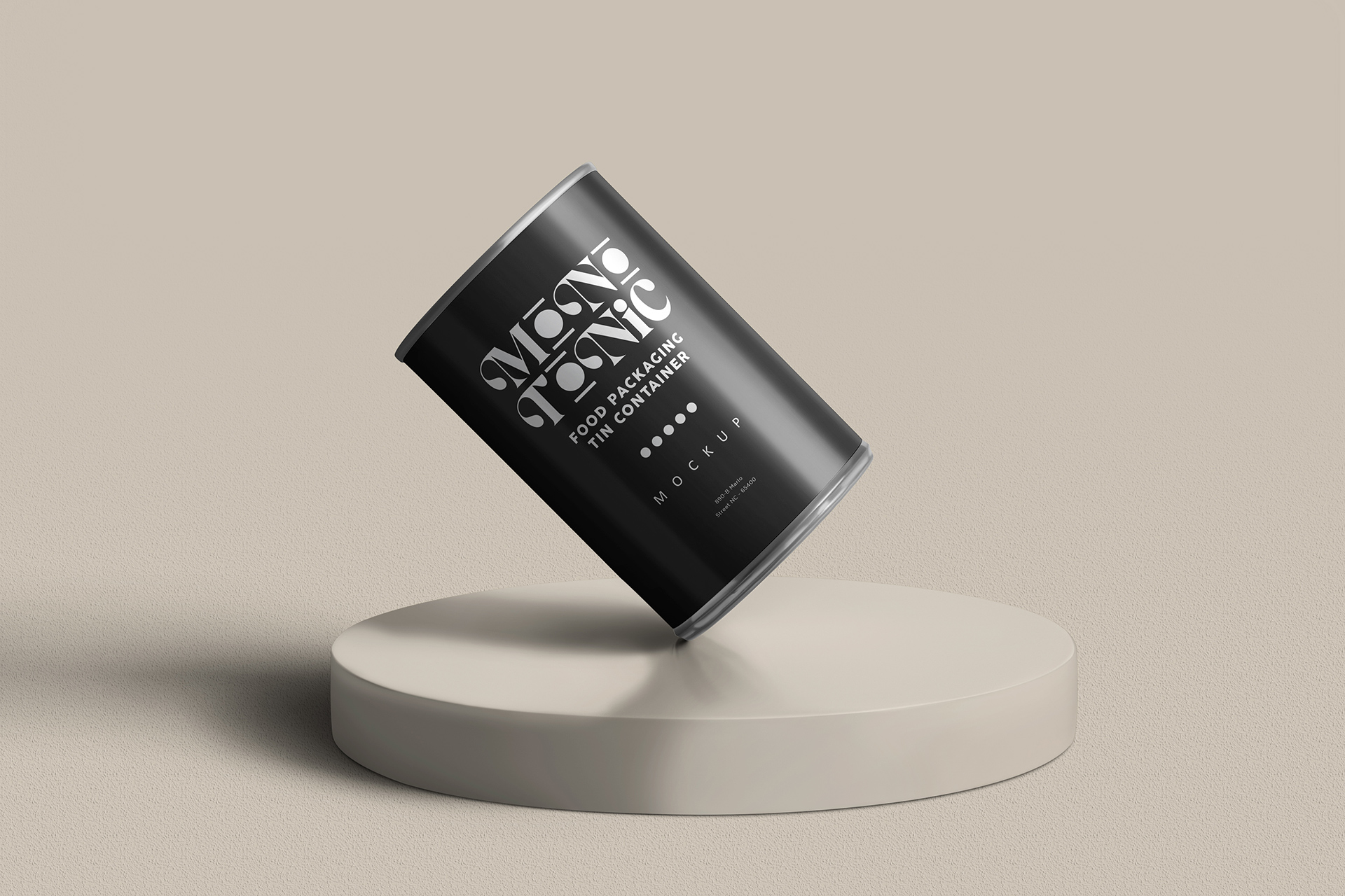 Tilted Food Tin Can Mockup with Clean Design