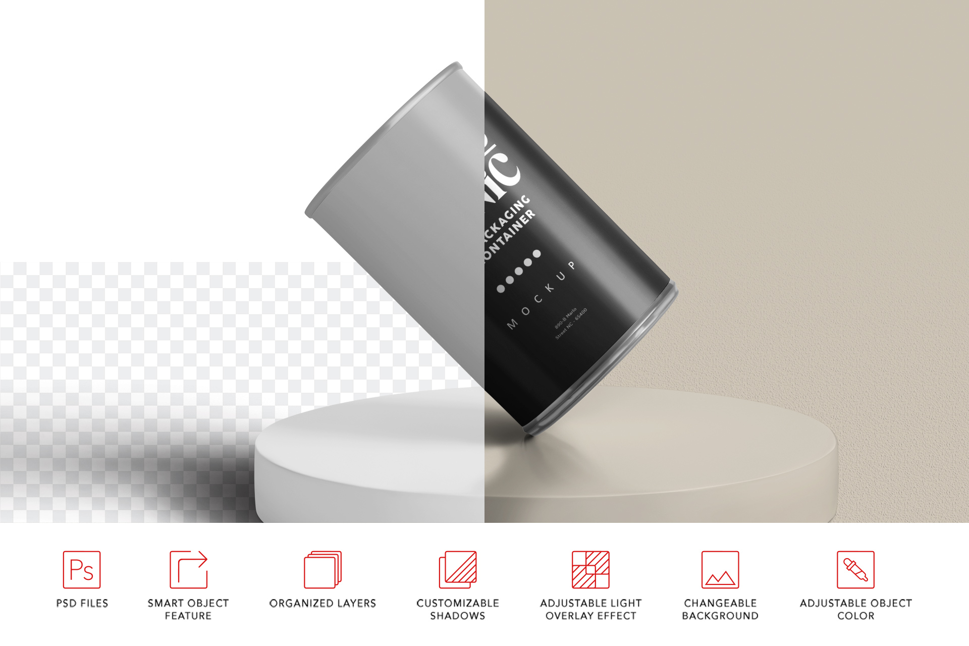 Tilted Food Tin Can Mockup with Clean Design