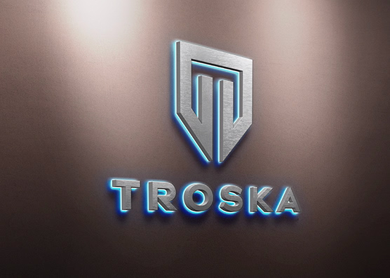 3D Metallic Wall Logo Mockup with Blue Neon Glow