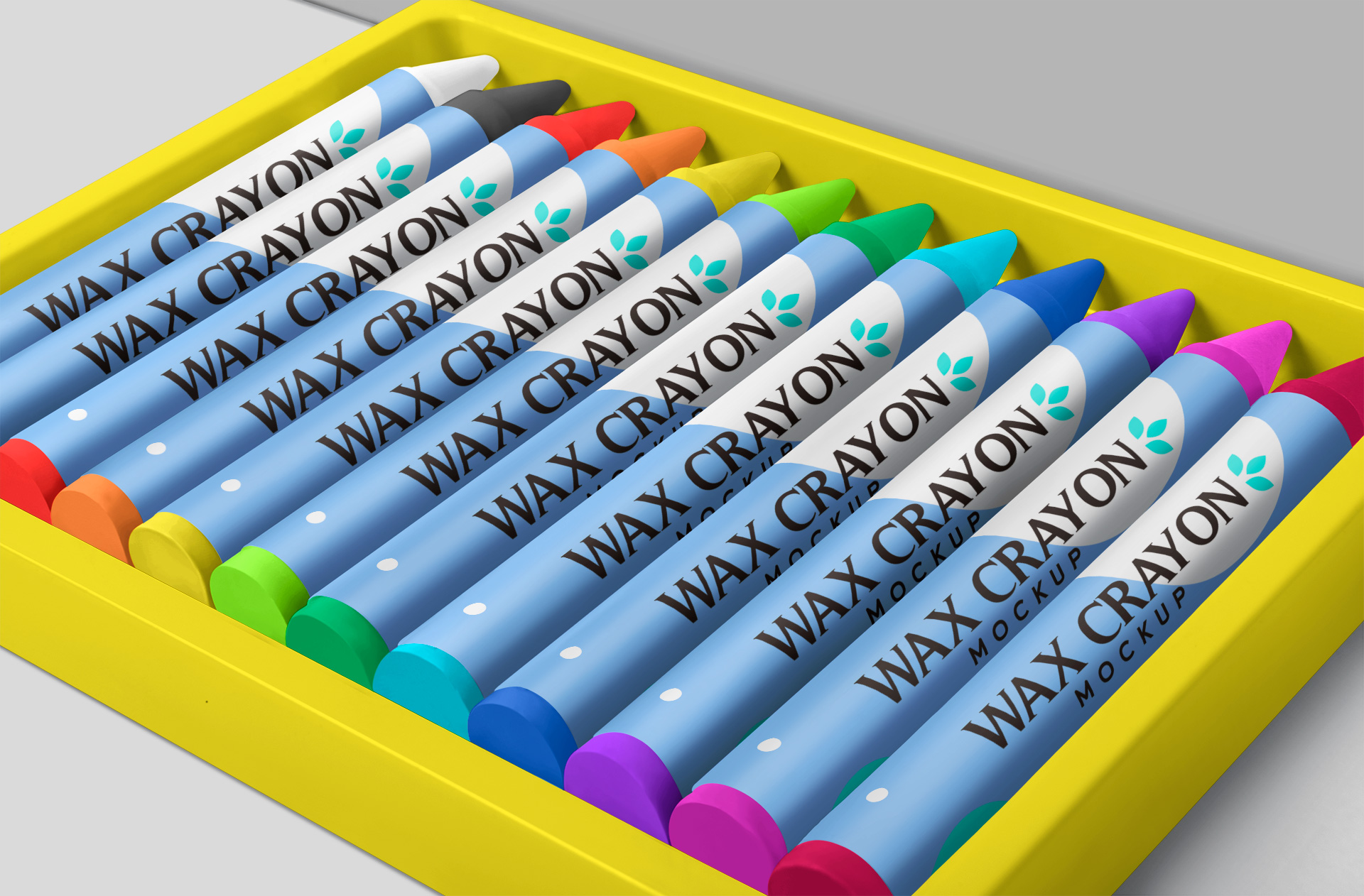 Crayon Box Mockup with Colorful Wax Crayons