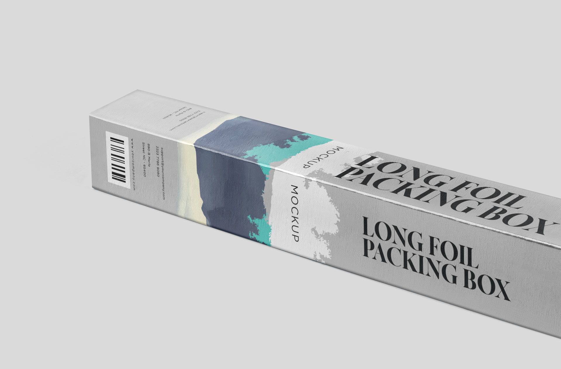 Realistic Long Foil Packing Box Mockup – Angled View